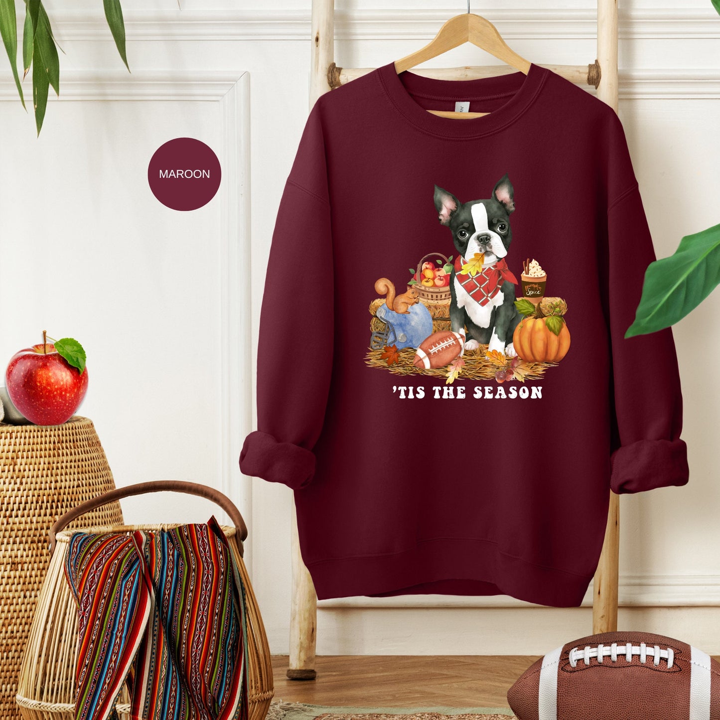 Boston Terrier Dog Fall Pumpkin Dog Sweatshirt - Pumpkin Spice Tee, Football Season, Dog Lover Groomer, Boston Dog Gift