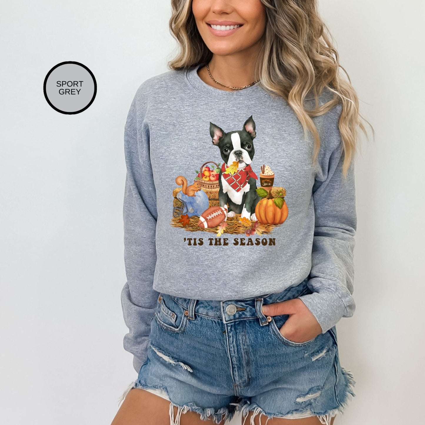 Boston Terrier Dog Fall Pumpkin Dog Sweatshirt - Pumpkin Spice Tee, Football Season, Dog Lover Groomer, Boston Dog Gift