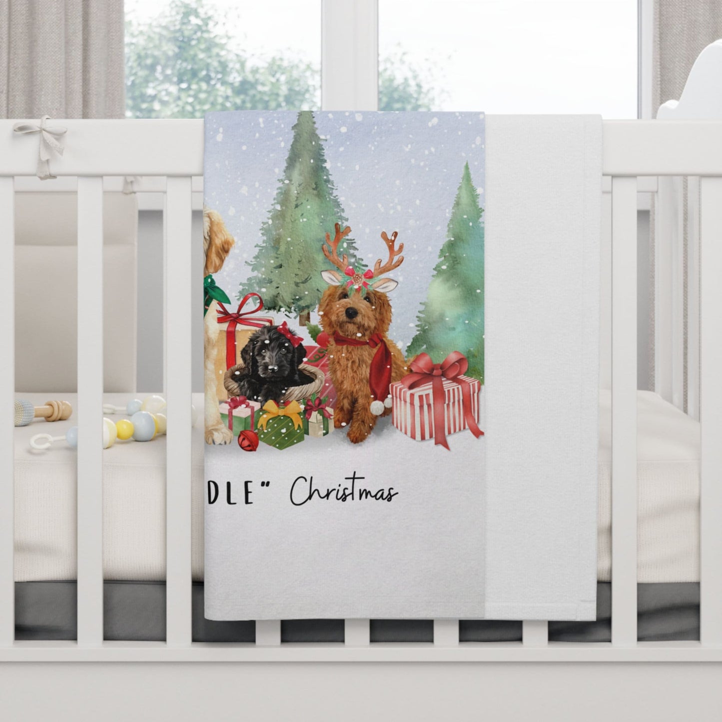 Personalized Doodle Dog Christmas Baby Blanket - Custom Baby Name Blanket Gift, Baby's 1st Christmas Blanket, Doodle Dog Lover Bla