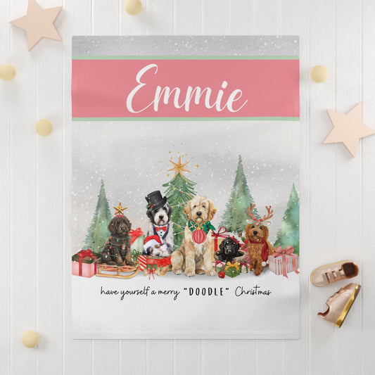 Personalized Doodle Dog Christmas Baby Blanket - Custom Baby Girl Name Blanket Gift, Baby's 1st Christmas Blanket, Doodle Dog Love