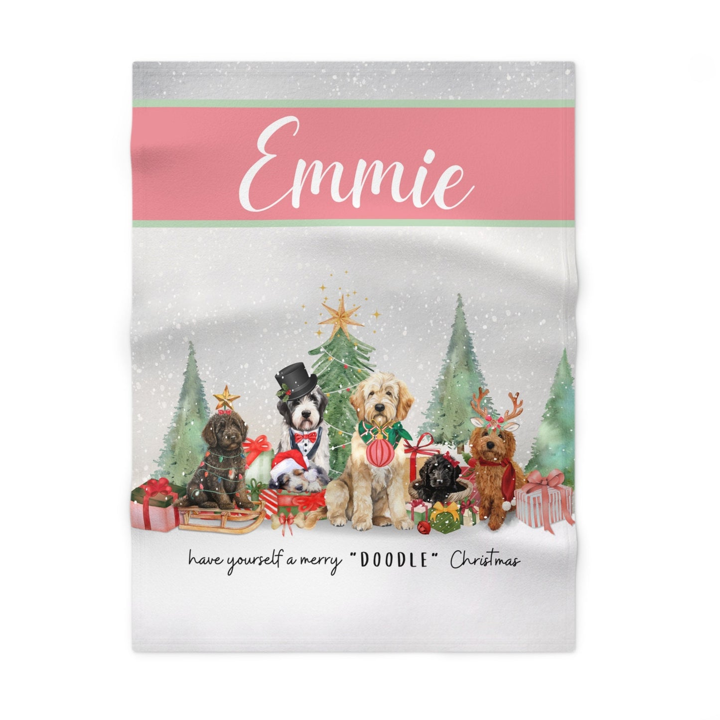 Personalized Doodle Dog Christmas Baby Blanket - Custom Baby Girl Name Blanket Gift, Baby's 1st Christmas Blanket, Doodle Dog Love