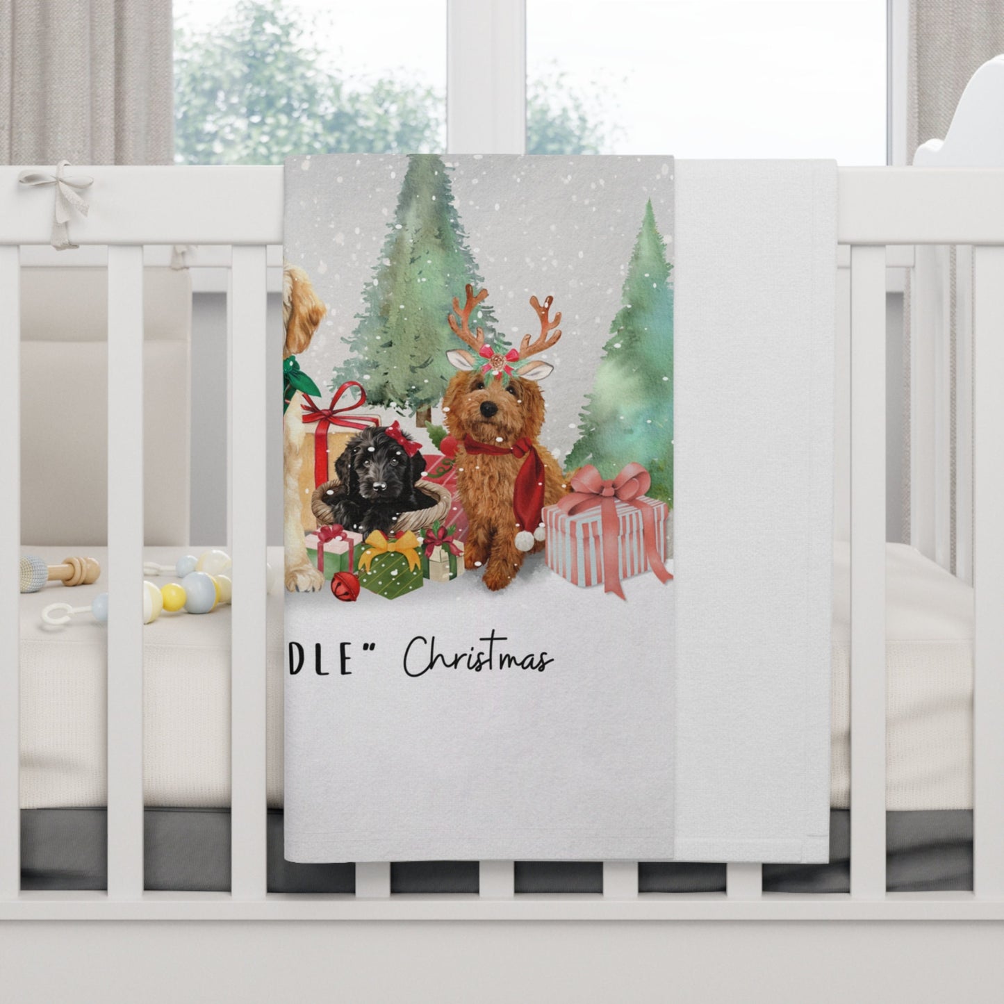 Personalized Doodle Dog Christmas Baby Blanket - Custom Baby Girl Name Blanket Gift, Baby's 1st Christmas Blanket, Doodle Dog Love