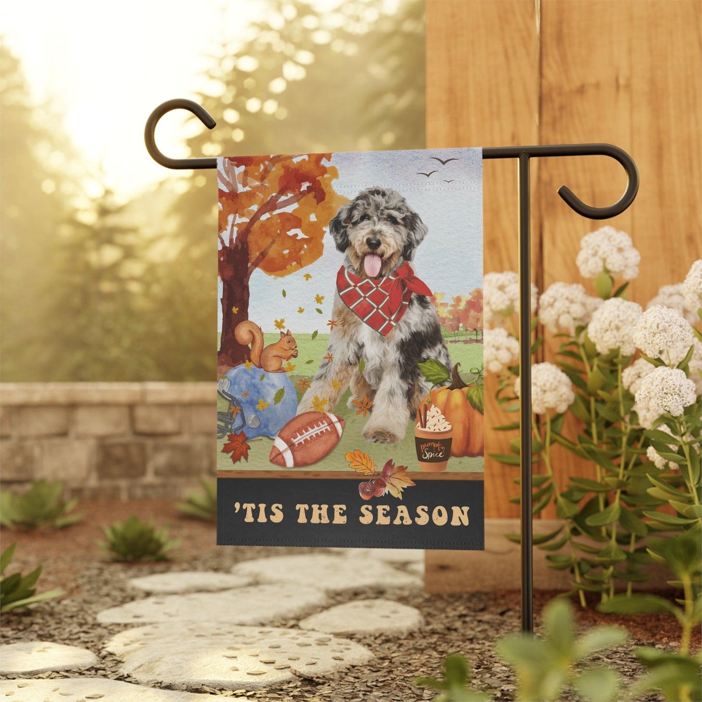 Bernedoodle - Aussiedoodle, Mountaindoodle Fall Garden Flag, Football, Pumpkin Spice, Doodle Dog Mom Gift, Stand Not Included