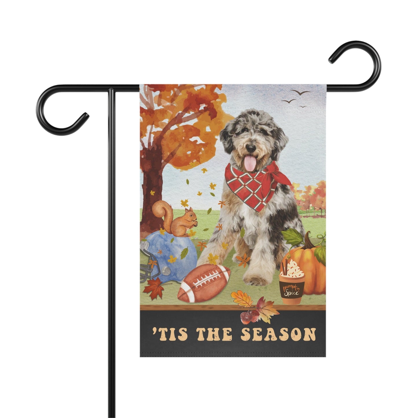 Bernedoodle - Aussiedoodle, Mountaindoodle Fall Garden Flag, Football, Pumpkin Spice, Doodle Dog Mom Gift, Stand Not Included