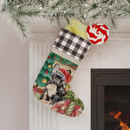 Black White French Bulldog - Frenchie Dog Christmas Stocking, Doodle Mom or Dad Gift, Burlap/Linen Stocking