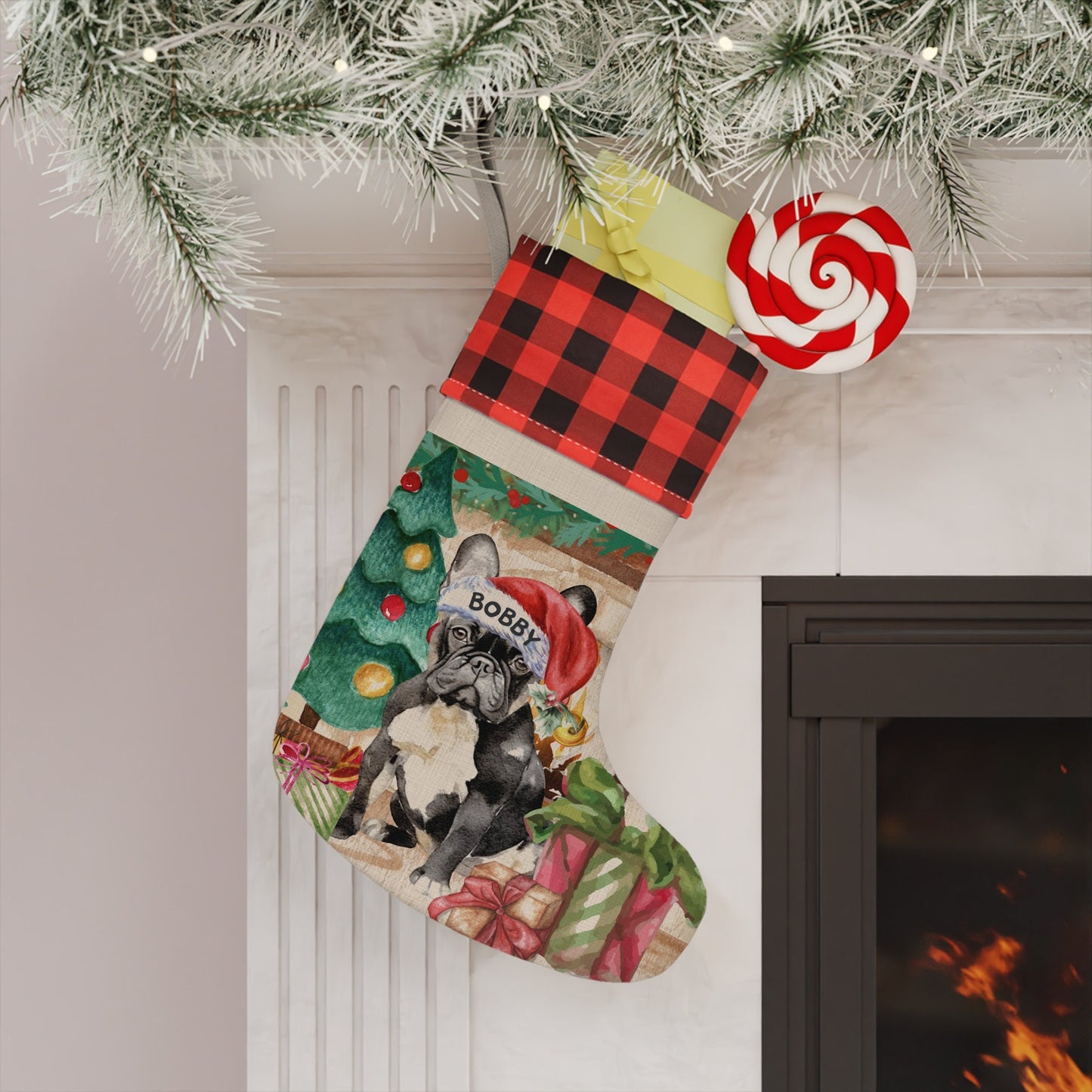 Black White French Bulldog - Frenchie Dog Christmas Stocking, Doodle Mom or Dad Gift, Burlap/Linen Stocking