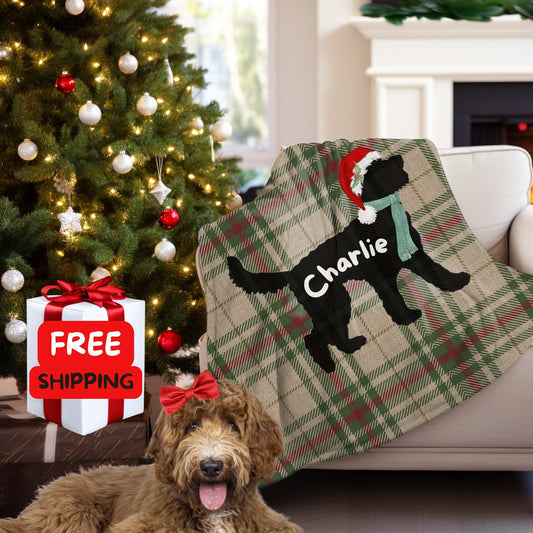 Personalized Christmas Doodle Dog Silhouette - Sherpa Fleece Plaid Blanket in 2 Sizes, Doodle Mom or Dad Holiday Gift, Doodle Dog