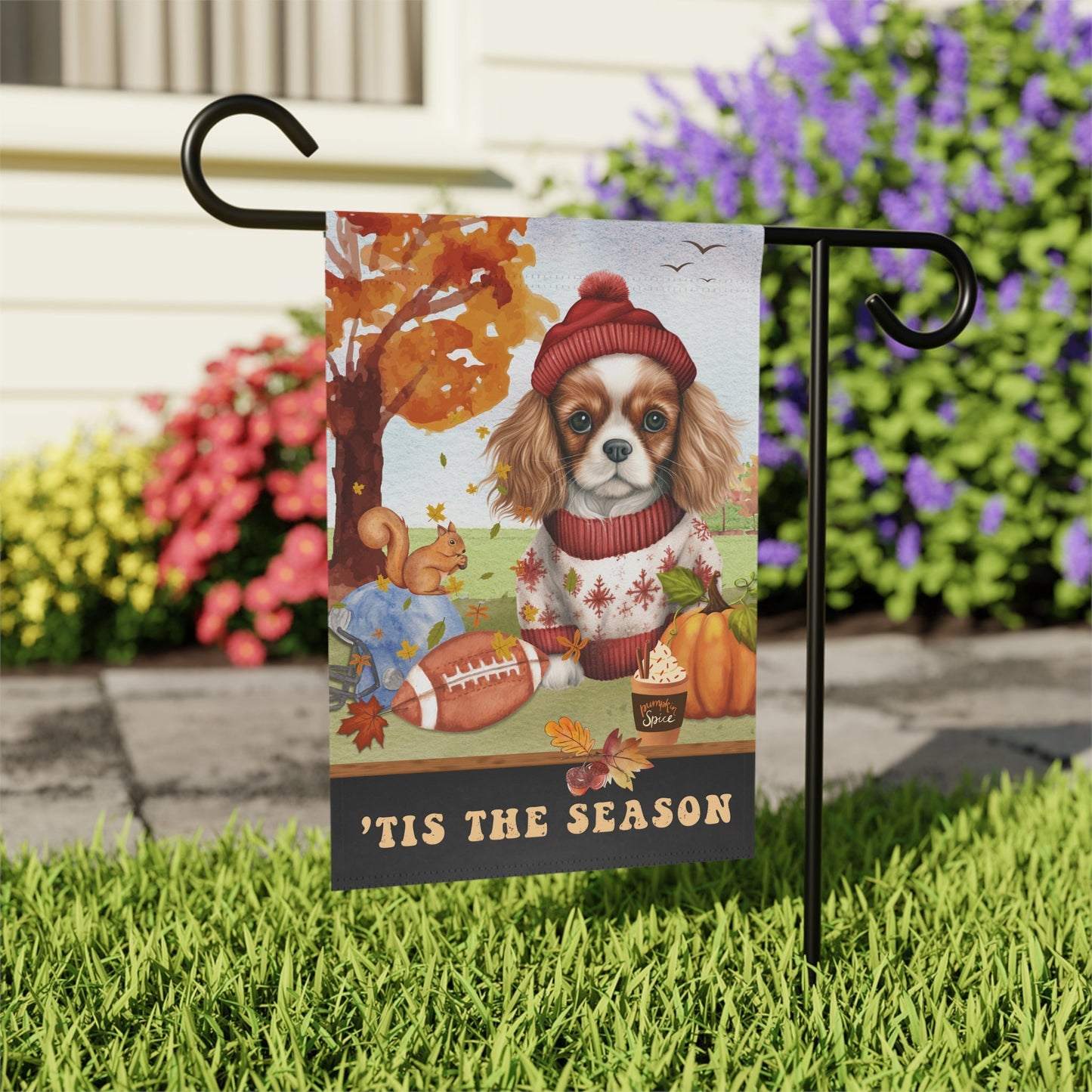 Personalized Cavalier King Charles Spaniel Fall Garden Flag - Football, Pumpkin Spice, Cavalier King Charles Flag, Cavalier Dog Mo