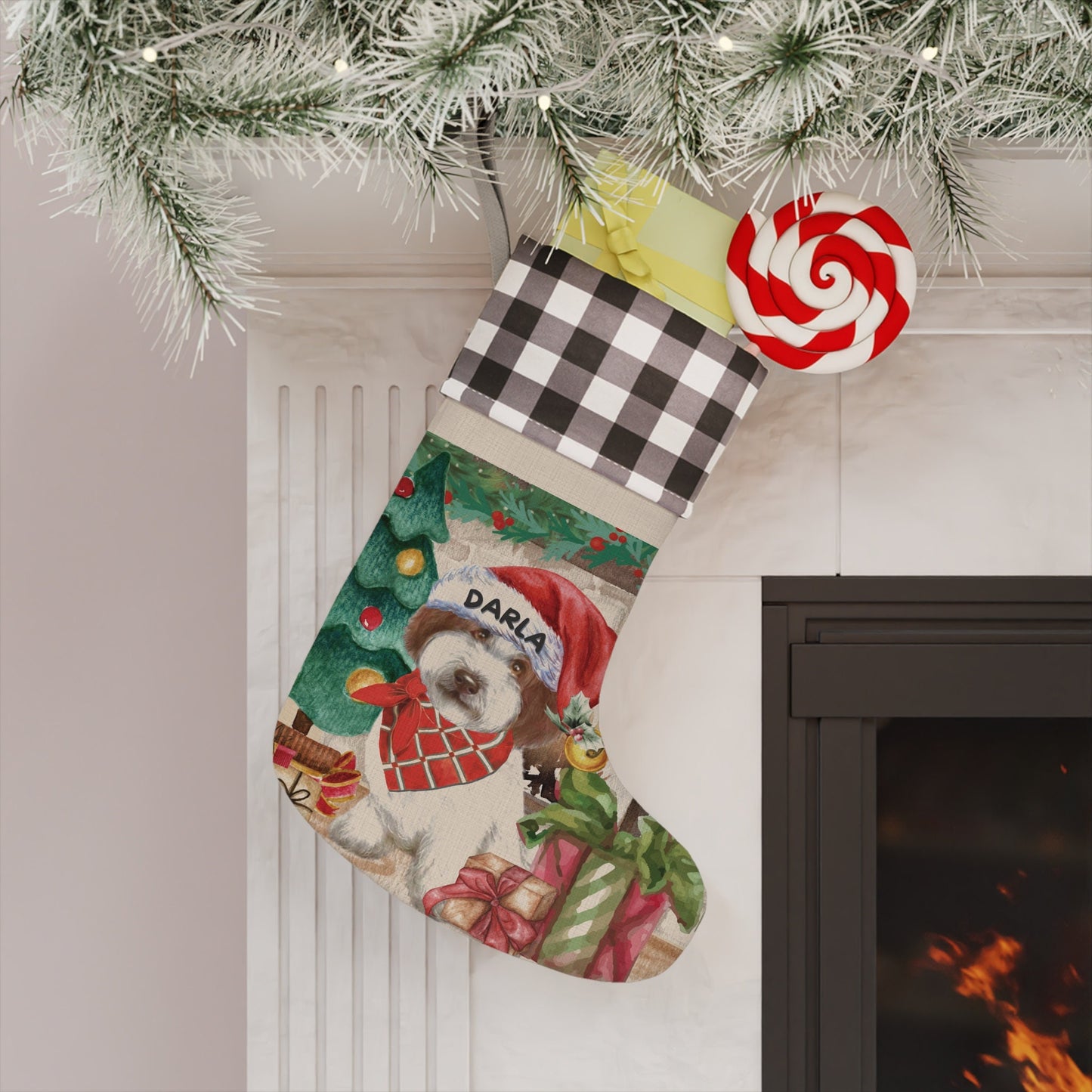 Personalized Apricot Red White Doodle Dog Christmas Stocking - Doodle Mom Gift, Custom Labradoodle, Goldendoodle, Doodle Dog Gift