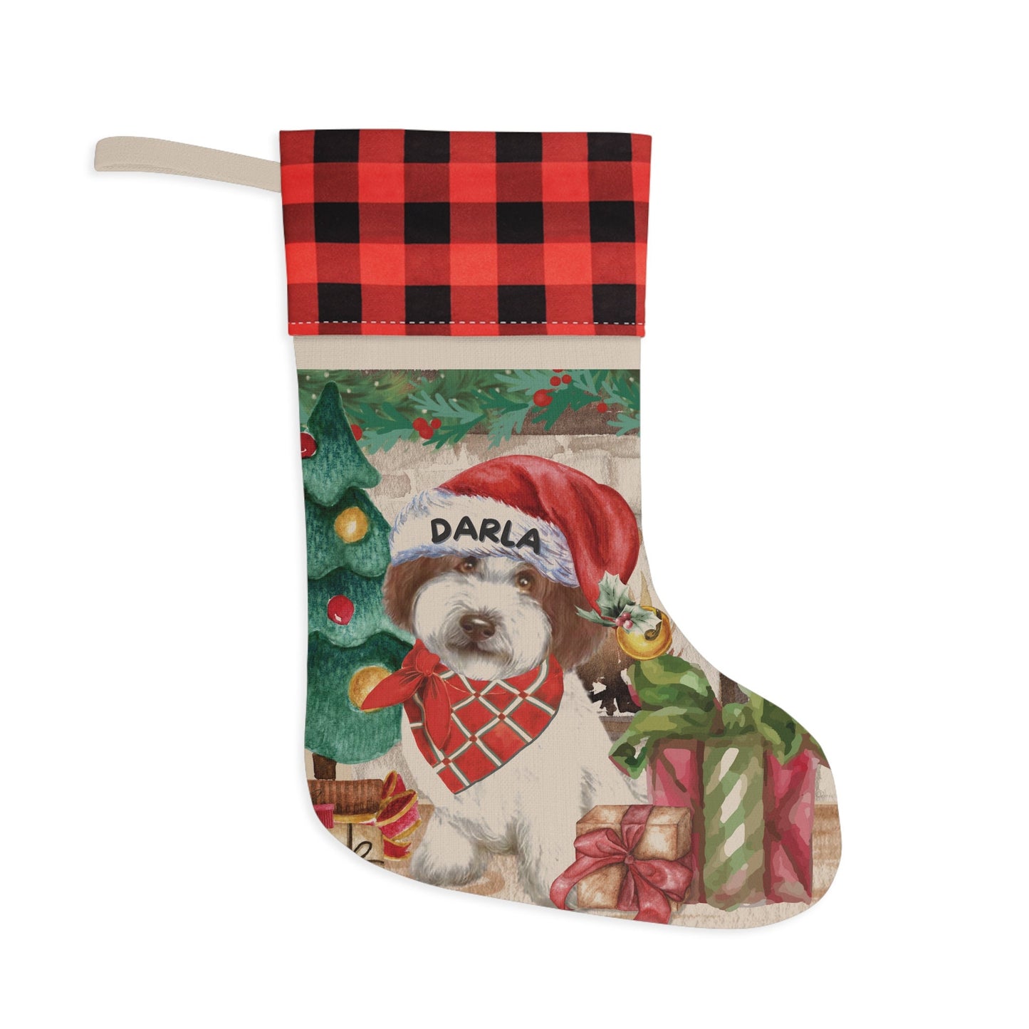 Personalized Apricot Red White Doodle Dog Christmas Stocking - Doodle Mom Gift, Custom Labradoodle, Goldendoodle, Doodle Dog Gift