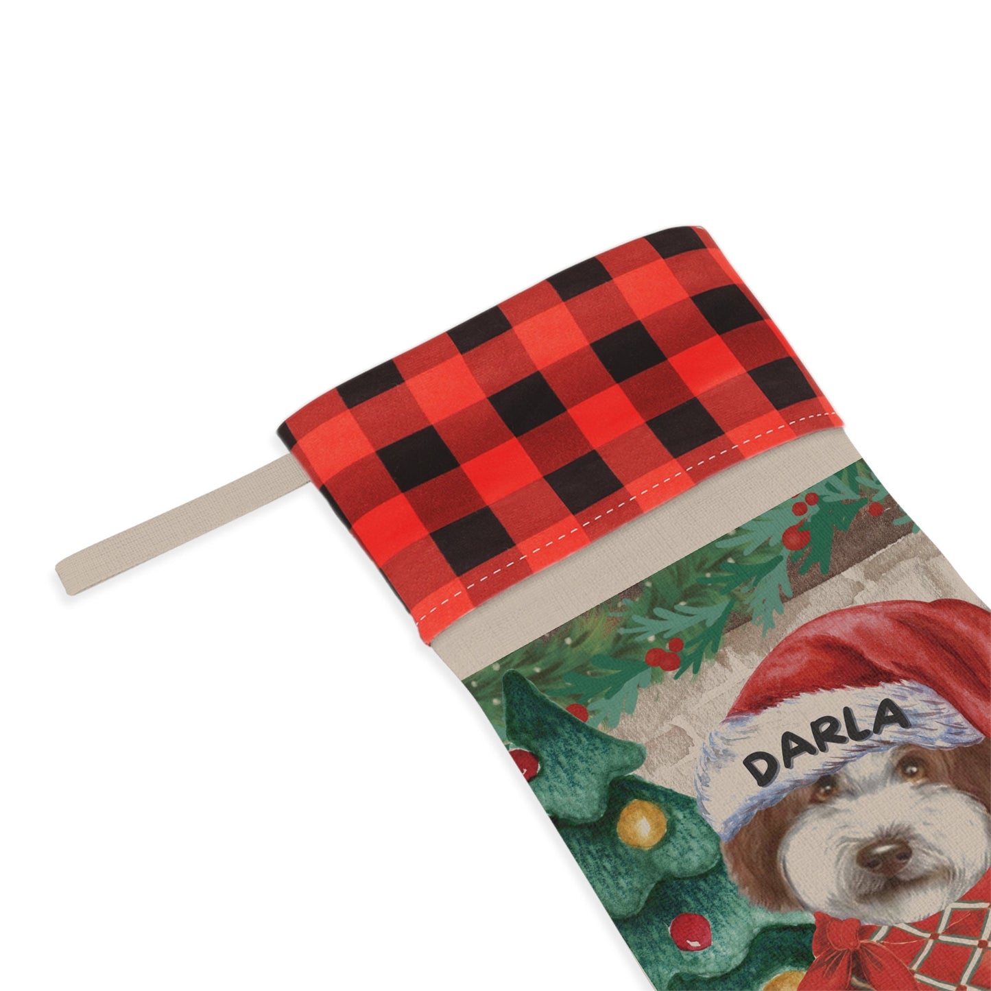 Personalized Apricot Red White Doodle Dog Christmas Stocking - Doodle Mom Gift, Custom Labradoodle, Goldendoodle, Doodle Dog Gift