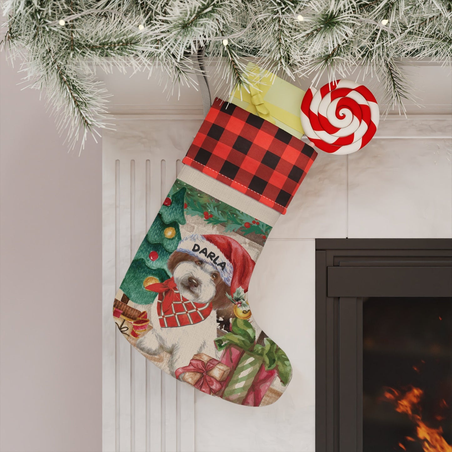 Personalized Apricot Red White Doodle Dog Christmas Stocking - Doodle Mom Gift, Custom Labradoodle, Goldendoodle, Doodle Dog Gift