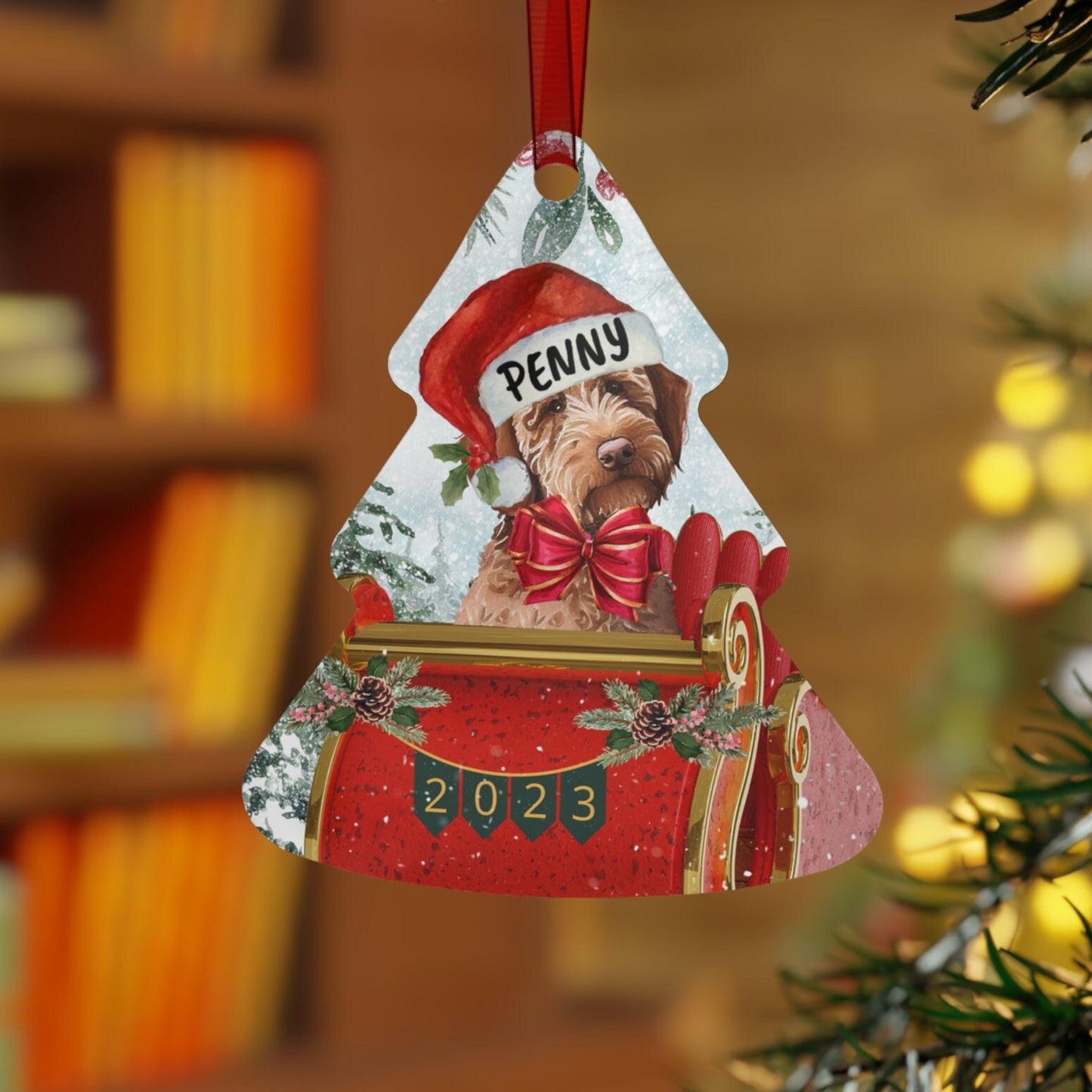 Personalized Red Apricot Doodle Christmas Ornament - Metal Custom Doodle Mom Gift, Labradoodle, Goldendoodle, Doodle Dog