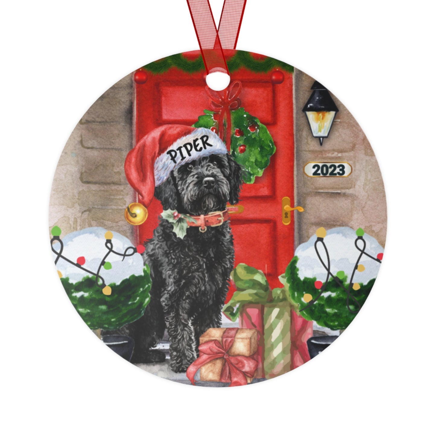 Personalized Black Doodle Dog Christmas Metal Ornament - Doodle Mom Gift Idea, Double Side Print, Represents Goldendoodle, Labrado