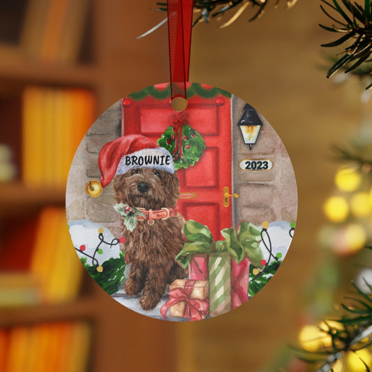 Personalized Goldendoodle - Labradoodle Christmas Ornament, Chocolate Brown Doodle Dog Metal Ornament, Doodle Mom Dad Gift Idea, D