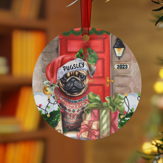 Personalized Pug Dog Christmas Ornament - Pug Mom and Pug Lover Gift Idea, Durable, Double Sided Custom Pug Dog Ornament