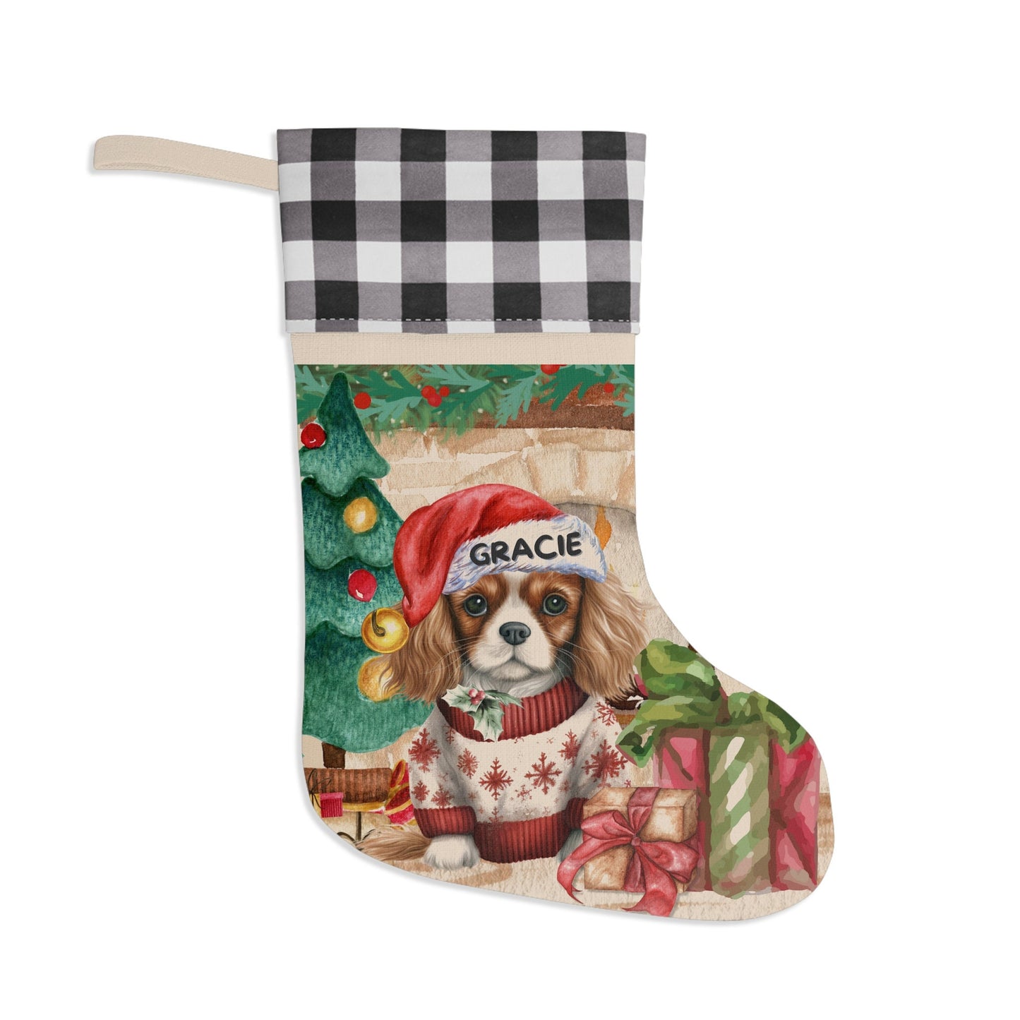 Cavalier King Charles Dog Personalized Christmas Stocking - Custom Dog Burlap/Linen Stocking, Cavalier King Charles Mom Gift Home