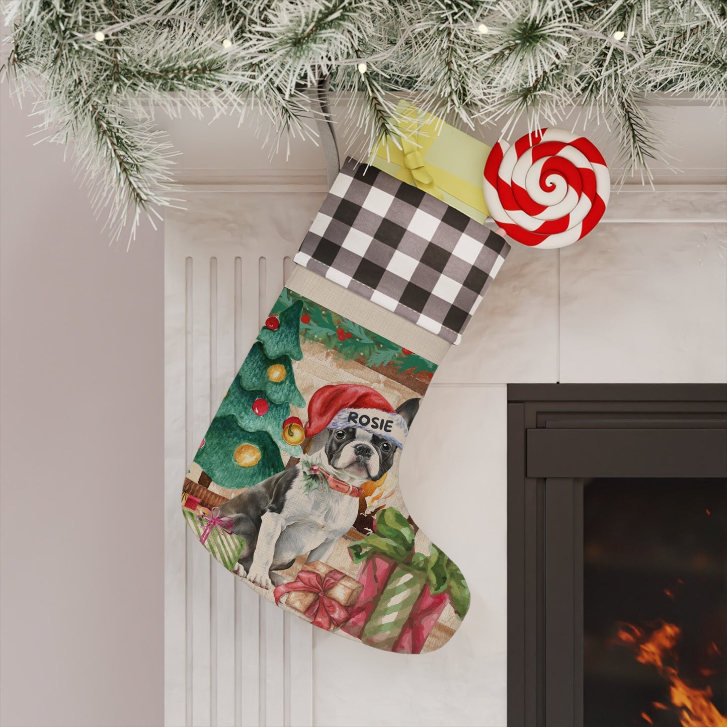 Personalized Boston Terrier Dog Christmas Stocking - Boston Terrier Mom Dad Gift, Boston Terrier Lover Burlap/Linen Stocking Chris