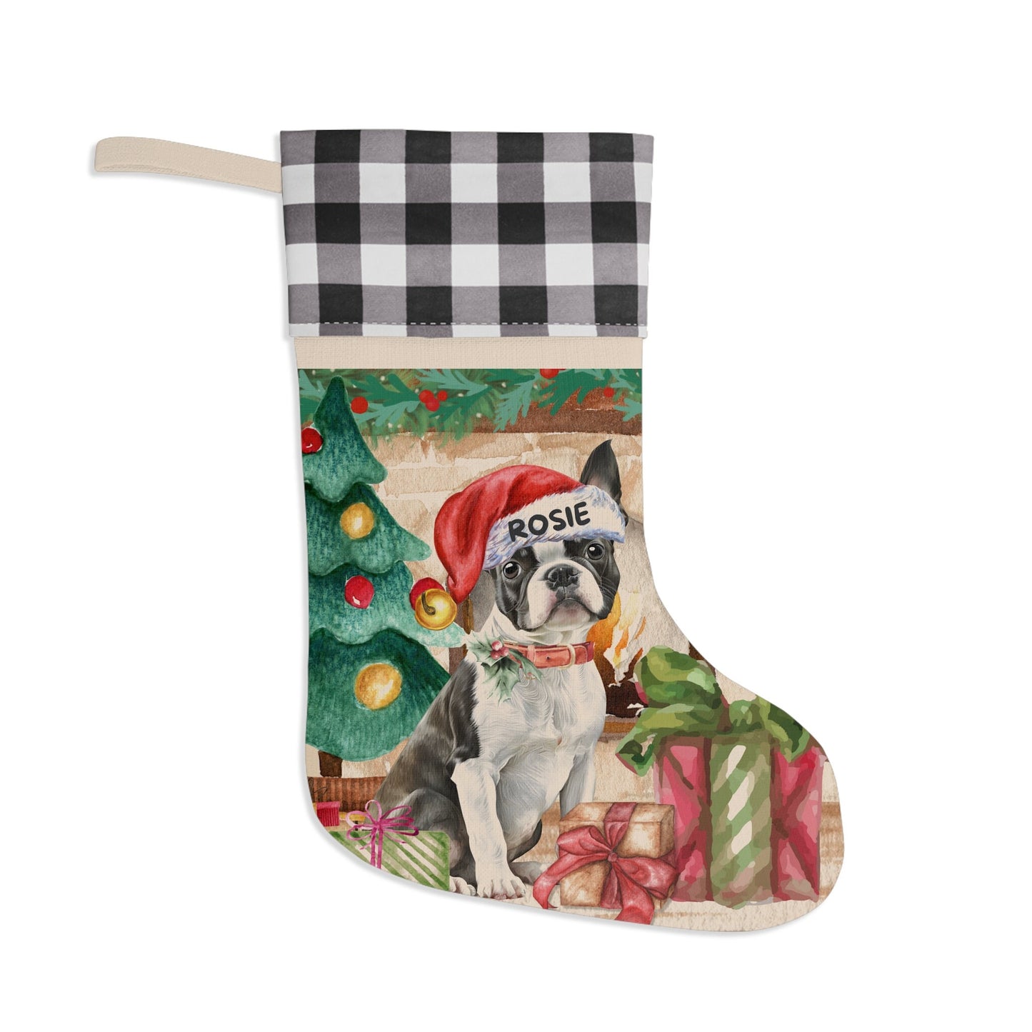 Personalized Boston Terrier Dog Christmas Stocking - Boston Terrier Mom Dad Gift, Boston Terrier Lover Burlap/Linen Stocking Chris