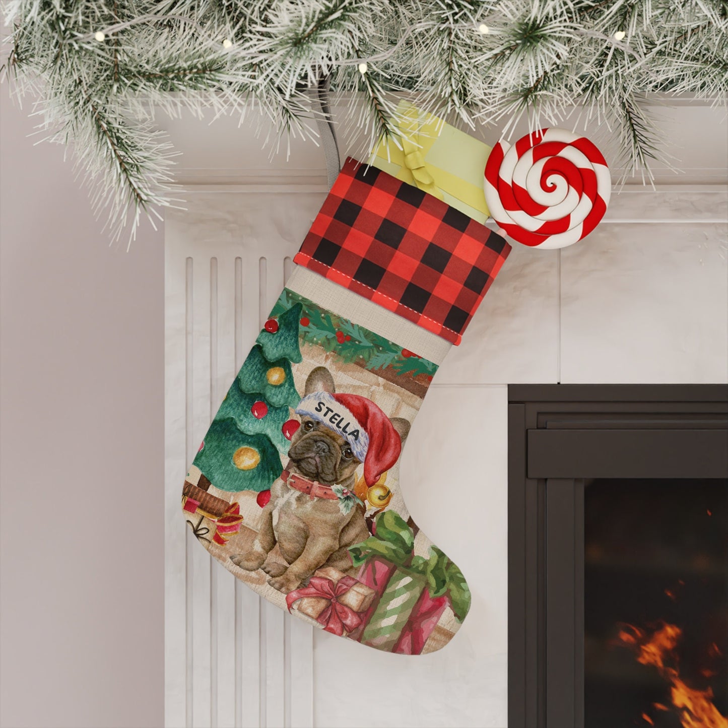 French Bulldog - Frenchie Dog Christmas Stocking, Doodle Mom or Dad Gift, Burlap/Linen Stocking