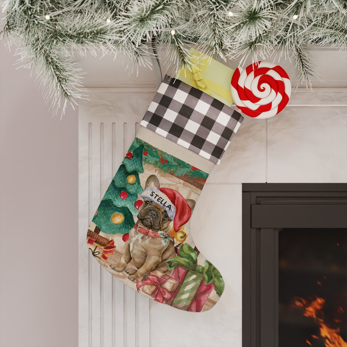 French Bulldog - Frenchie Dog Christmas Stocking, Doodle Mom or Dad Gift, Burlap/Linen Stocking