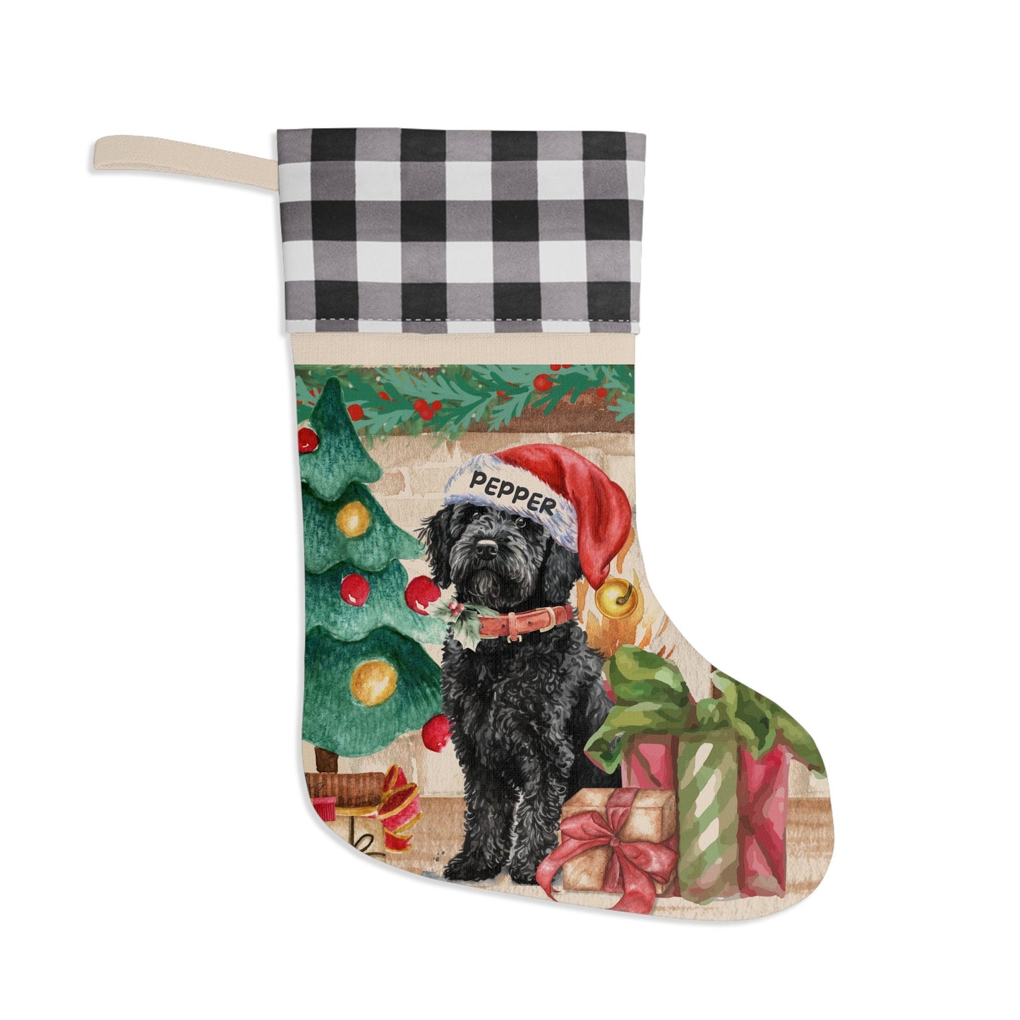 Personalized Black Doodle Dog Christmas Stocking - Goldendoodle, Labradoodle, Doodle Mom or Dad Gift, Burlap/Linen Stocking