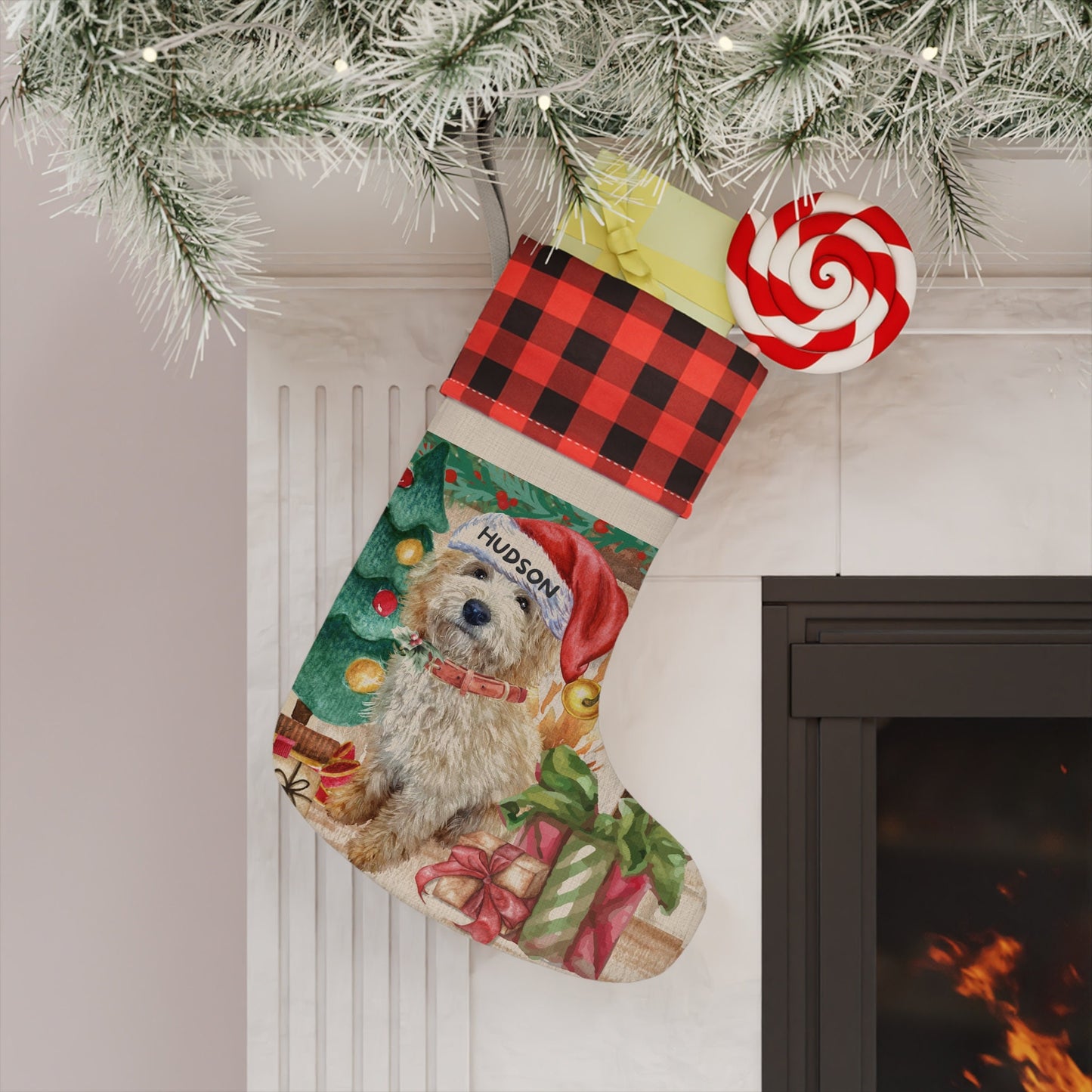 Personalized Tan Colored Goldendoodle - Labradoodle, Doodle Dog Christmas Stocking,Gift Idea for Cockapoo, Doodle Mom, Burlap/Line