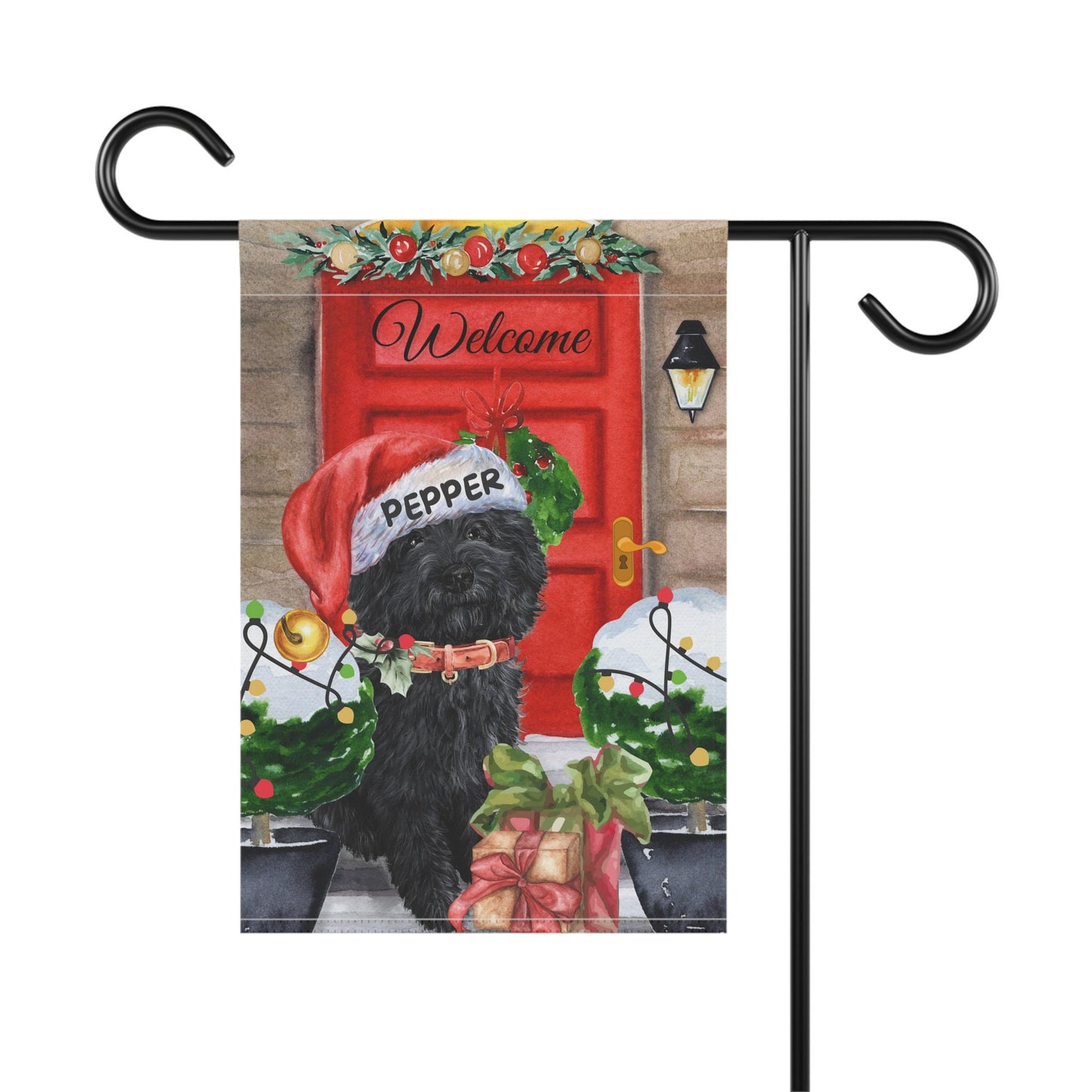 Personalized Black Doodle Dog Christmas Flag - Custom Labradoodle, Goldendoodle, Cockapoo Mom Holiday Gift, Double-sided, Stand No