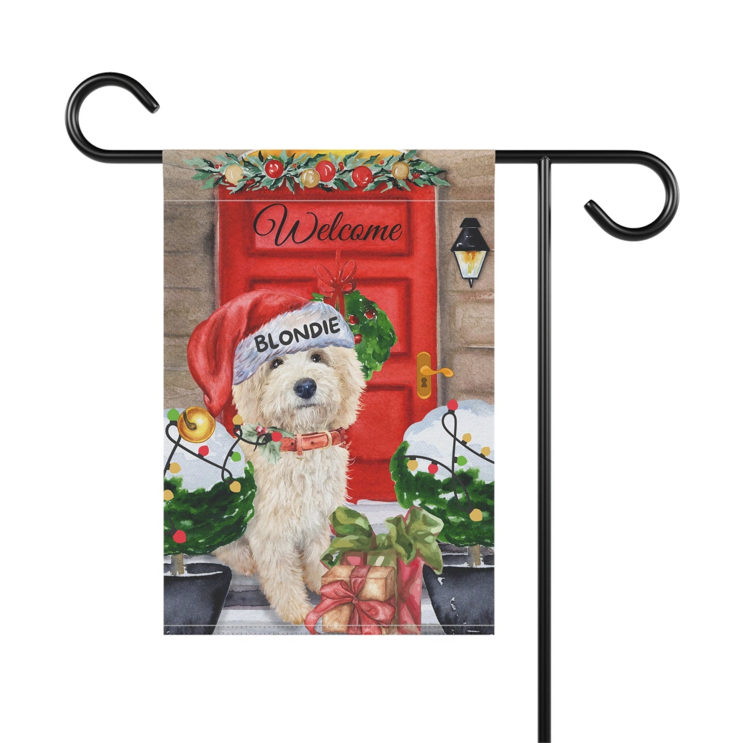 Personalized Doodle Dog Christmas Flag - Light Blonde White Doodle Mom Gift, Labradoodle, Goldendoodle, Cockapoo, Stand Not Includ