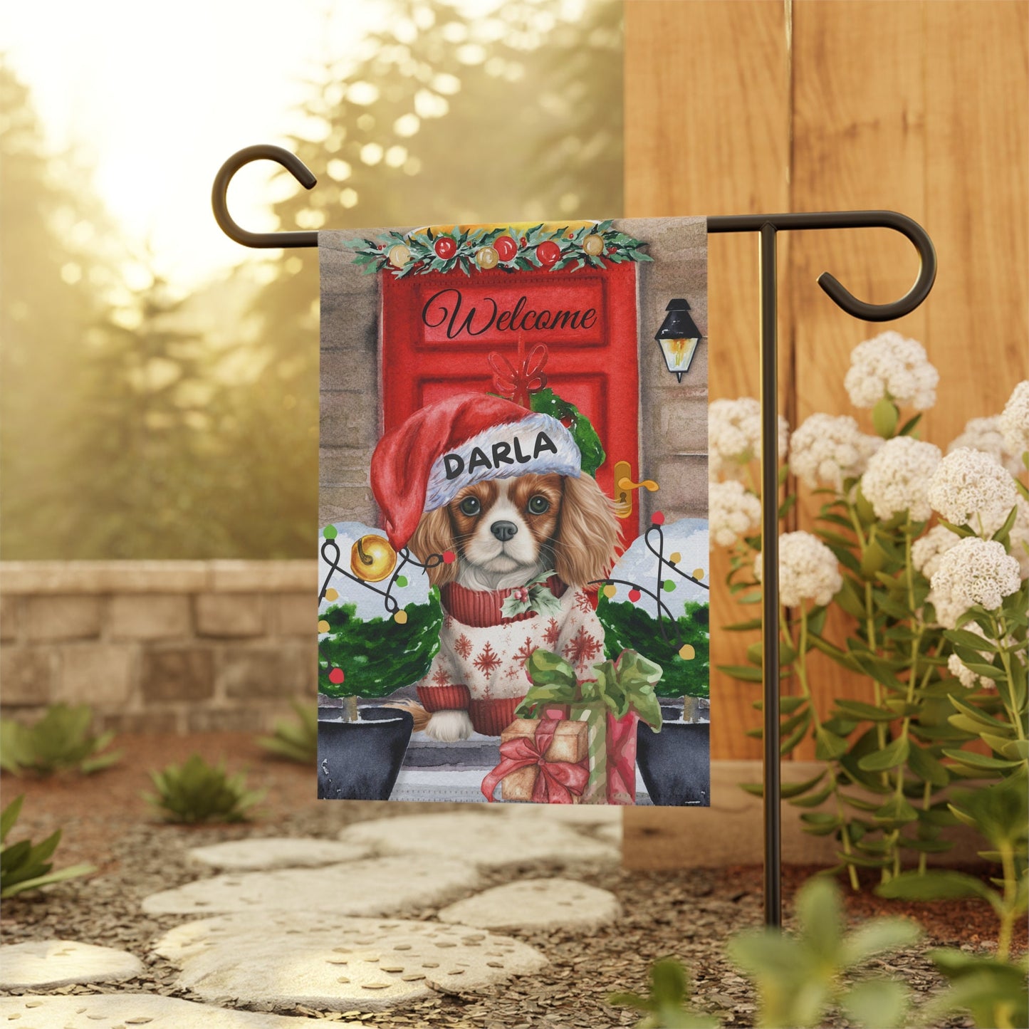 Personalized Cavalier King Charles Spaniel  Christmas Flag ,Custom Cavalier King Charles Mom Gift - Home Garden Dog Decor, Pole No