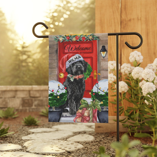 Personalized Black Doodle Dog Christmas Flag - Custom Curly Black Labradoodle, Goldendoodle, Doodle Mom Gift, Stand Not Included