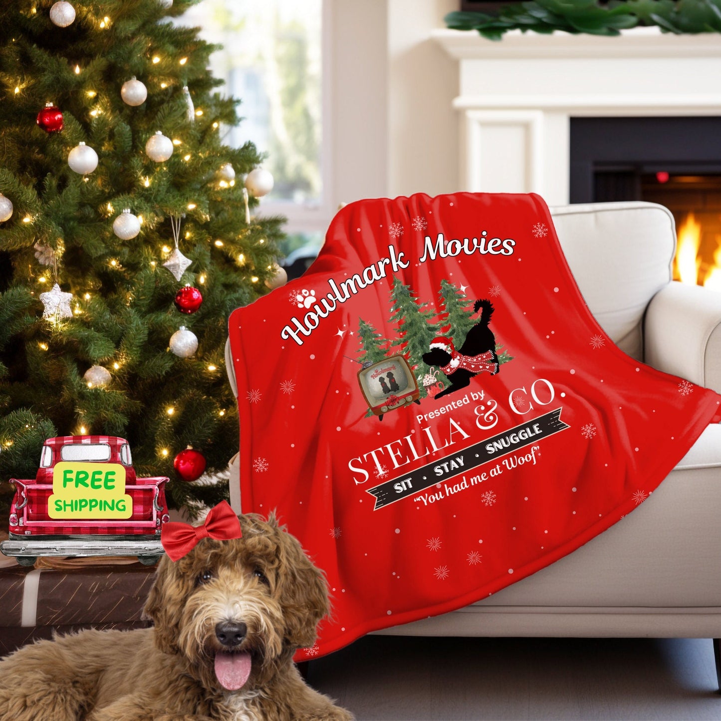 Personalized Doodle Dog Christmas Blanket - Funny "howlmark" Movies Doodle Mom Gift, Cozy Sherpa Fleece Dog Lover Blanket Gift Red