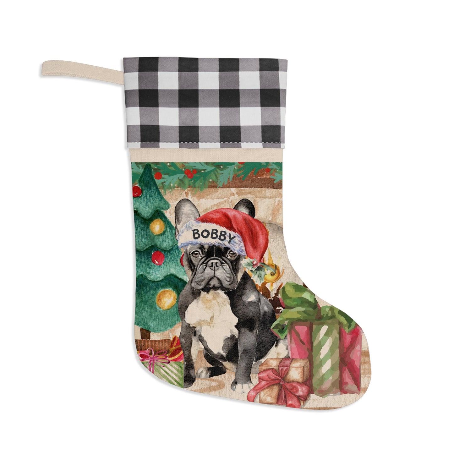 Black White French Bulldog - Frenchie Dog Christmas Stocking, Doodle Mom or Dad Gift, Burlap/Linen Stocking