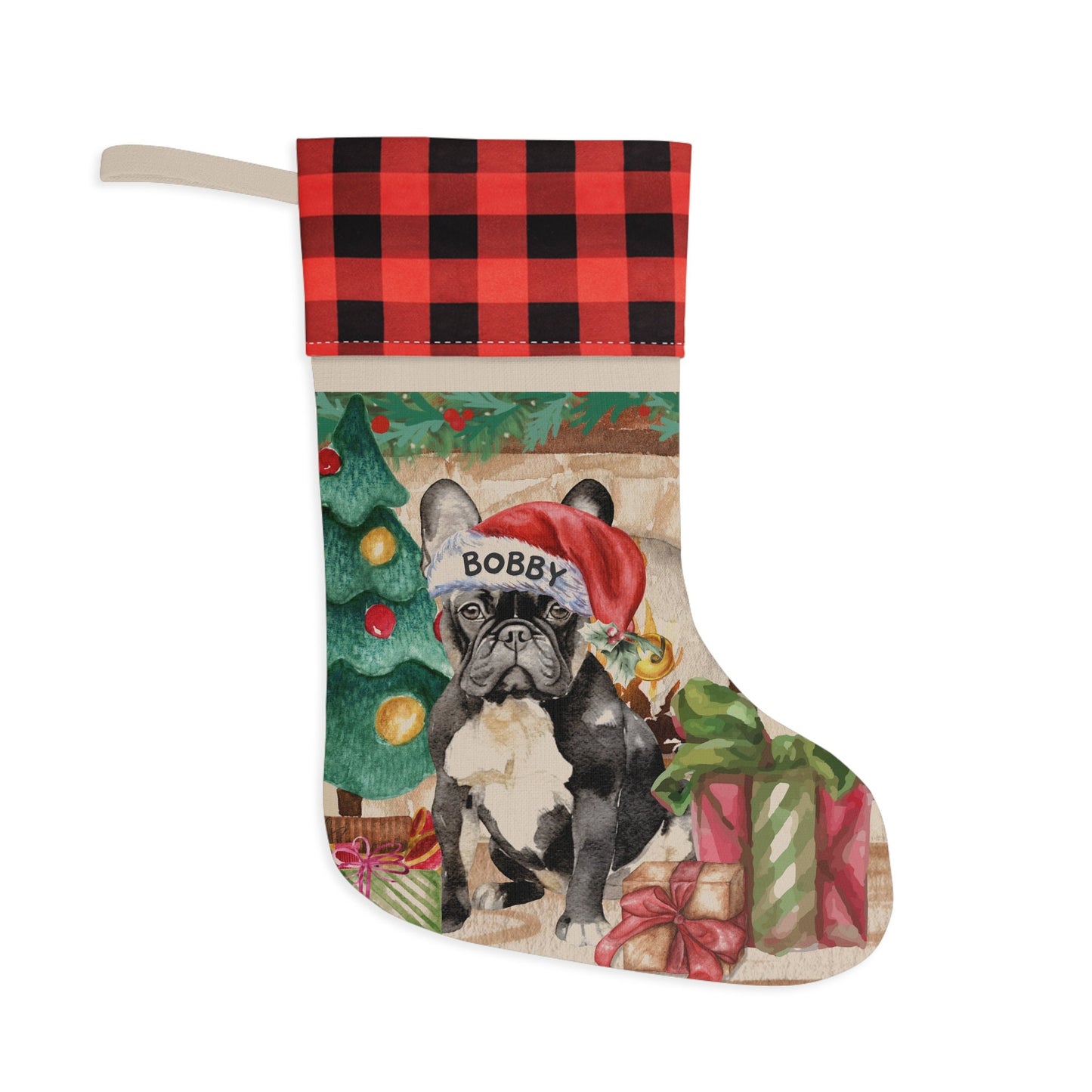 Black White French Bulldog - Frenchie Dog Christmas Stocking, Doodle Mom or Dad Gift, Burlap/Linen Stocking