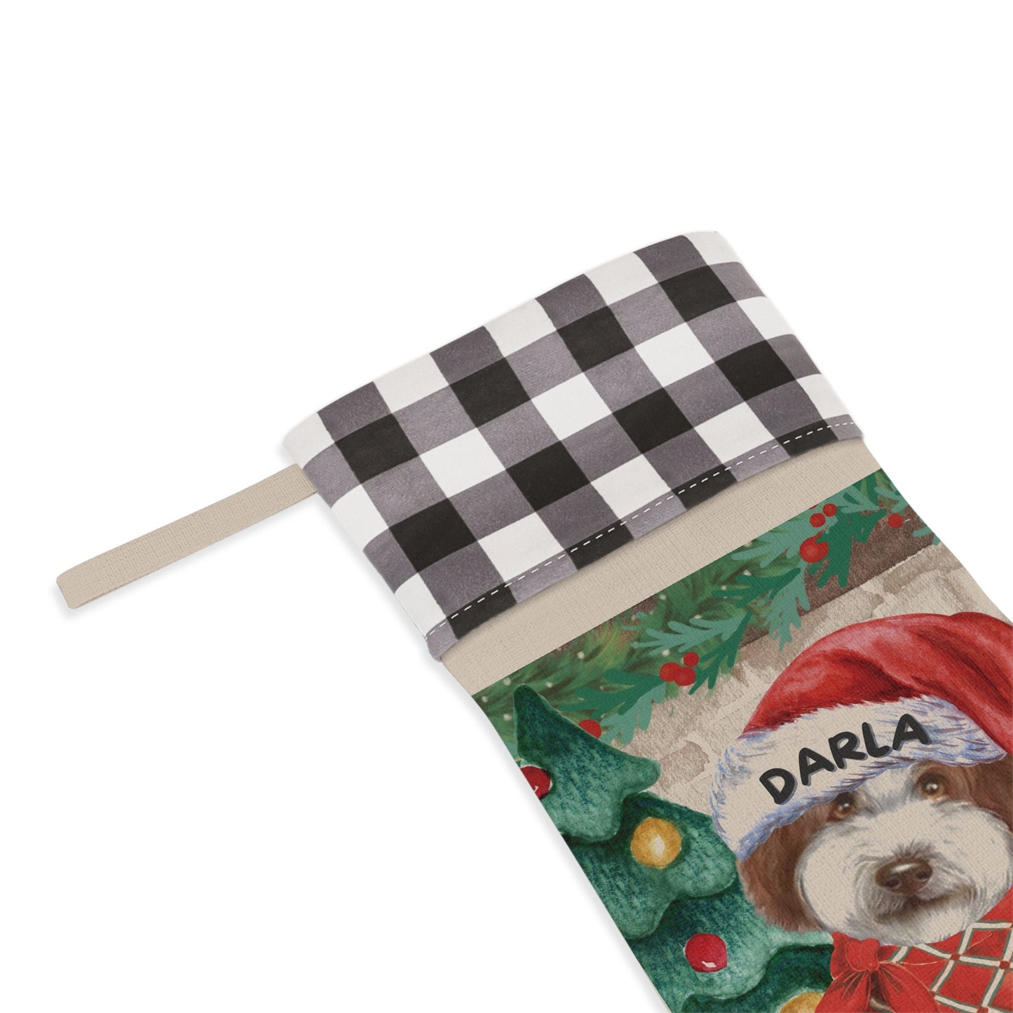 Personalized Apricot Red White Doodle Dog Christmas Stocking - Doodle Mom Gift, Custom Labradoodle, Goldendoodle, Doodle Dog Gift