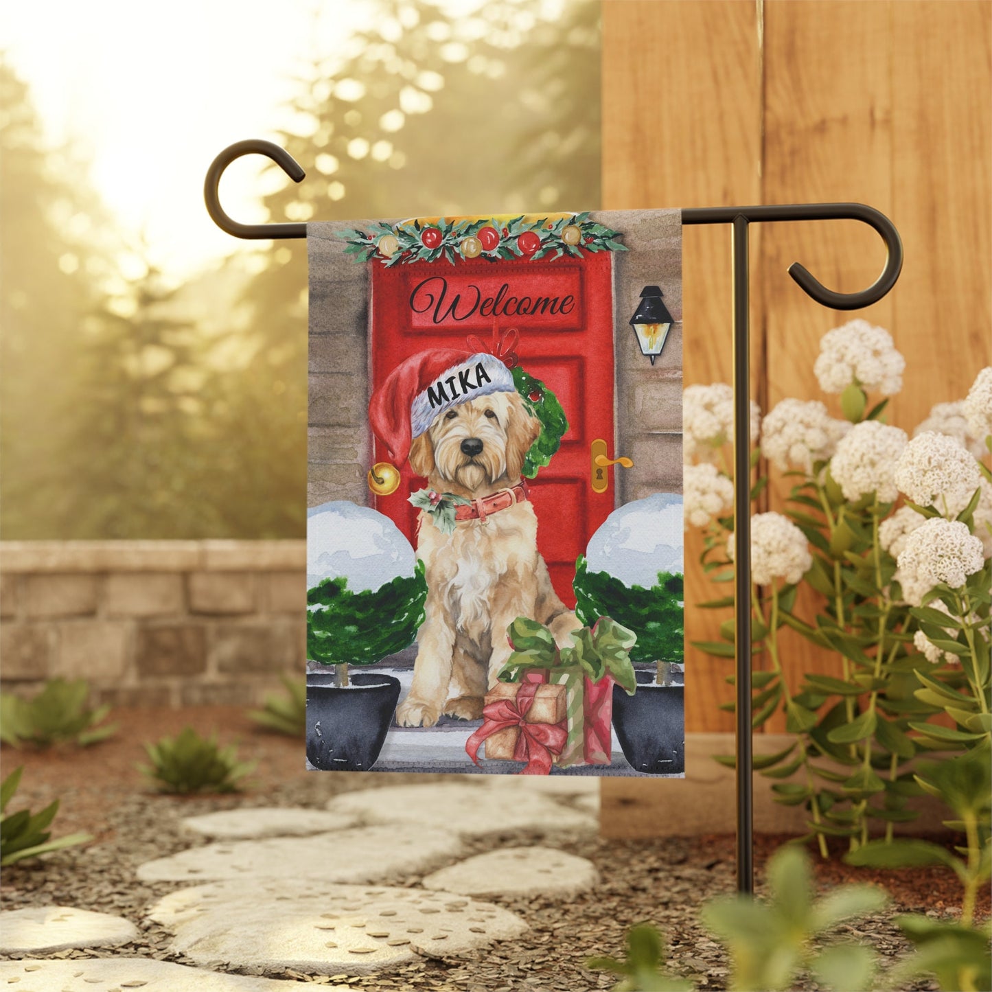 Personalized Blonde Goldendoodle Dog Christmas Flag - Doodle Mom Gift, Labradoodle, Double Doodle Etc., Double-sided, Stand Not In