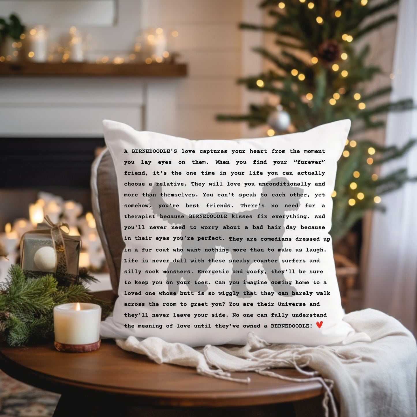 Bernedoodle Gift Pillow - Bernedoodle Dog(Copyrighted) Poem, Doodle Silhouette Dog Mom Dad Gift, Bernedoodle Keepsake Gift, 16x16