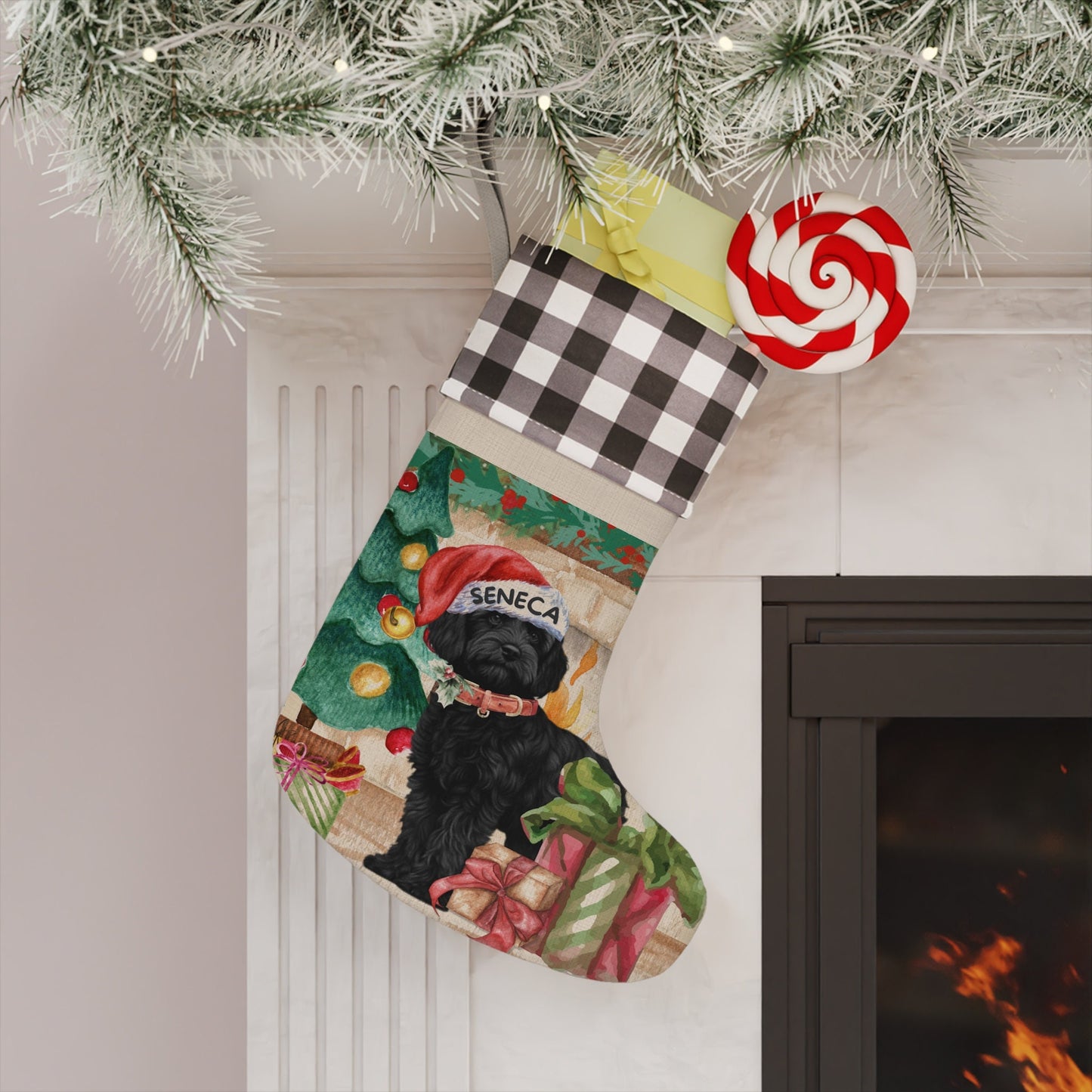 Personalized Black Cockapoo - Mini Doodle, Labradoodle, Cavapoo Dog Christmas Stocking, Custom Doodle Burlap/Linen Stocking, Doodl