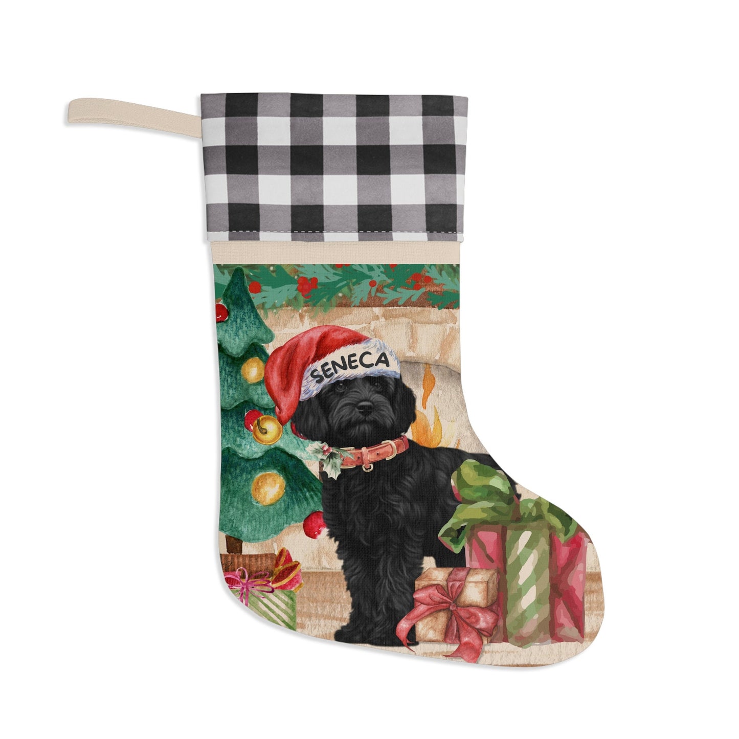 Personalized Black Cockapoo - Mini Doodle, Labradoodle, Cavapoo Dog Christmas Stocking, Custom Doodle Burlap/Linen Stocking, Doodl