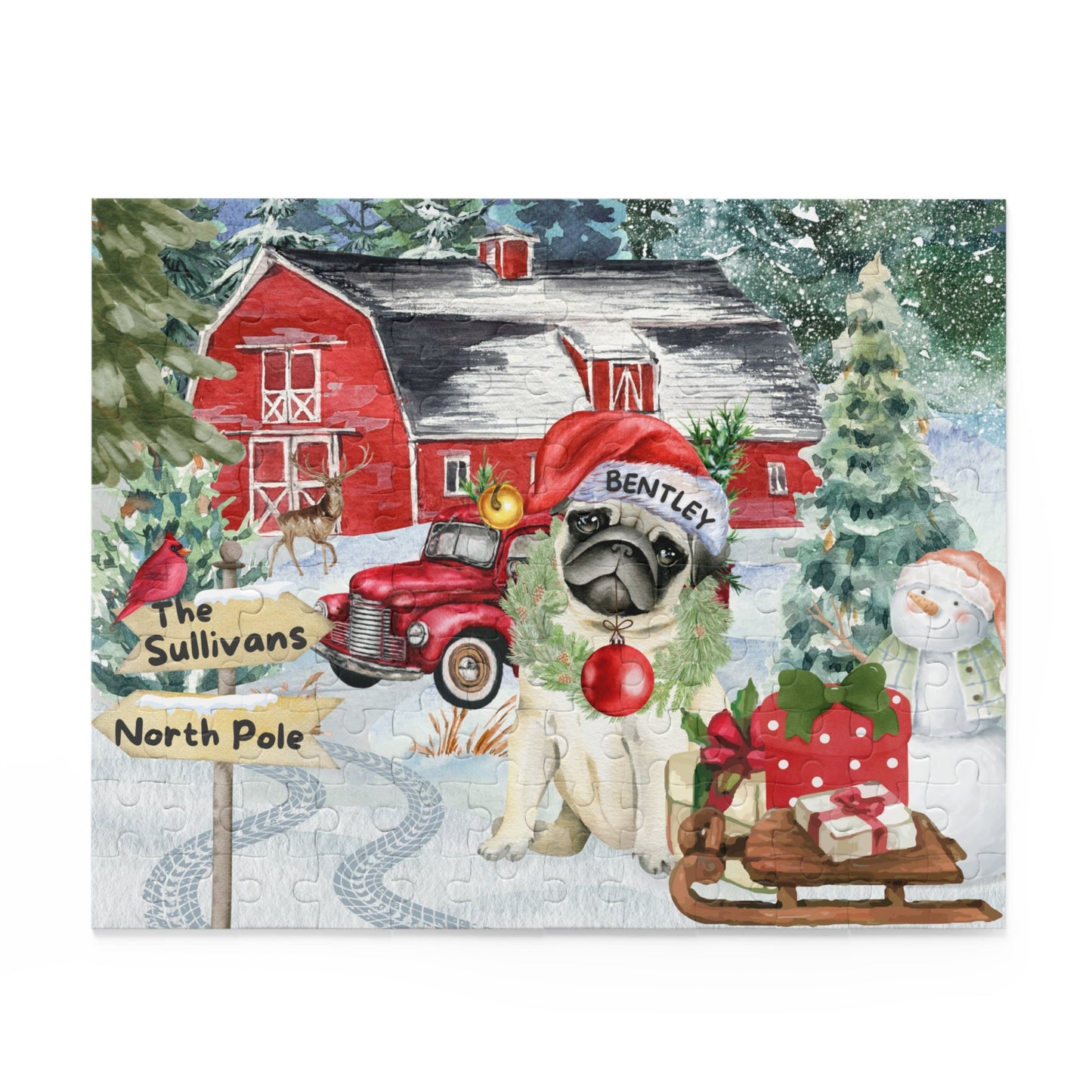 Personalized Pug Christmas Puzzle Gift - Customized Pug Mom or Dad Gift Idea, (120, 252, 500-Piece) Gift Box Included