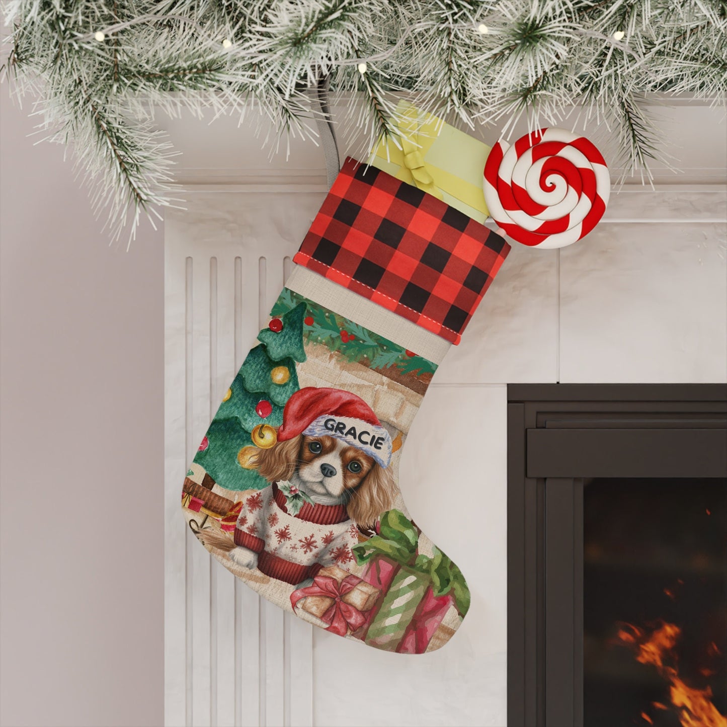 Cavalier King Charles Dog Personalized Christmas Stocking - Custom Dog Burlap/Linen Stocking, Cavalier King Charles Mom Gift Home