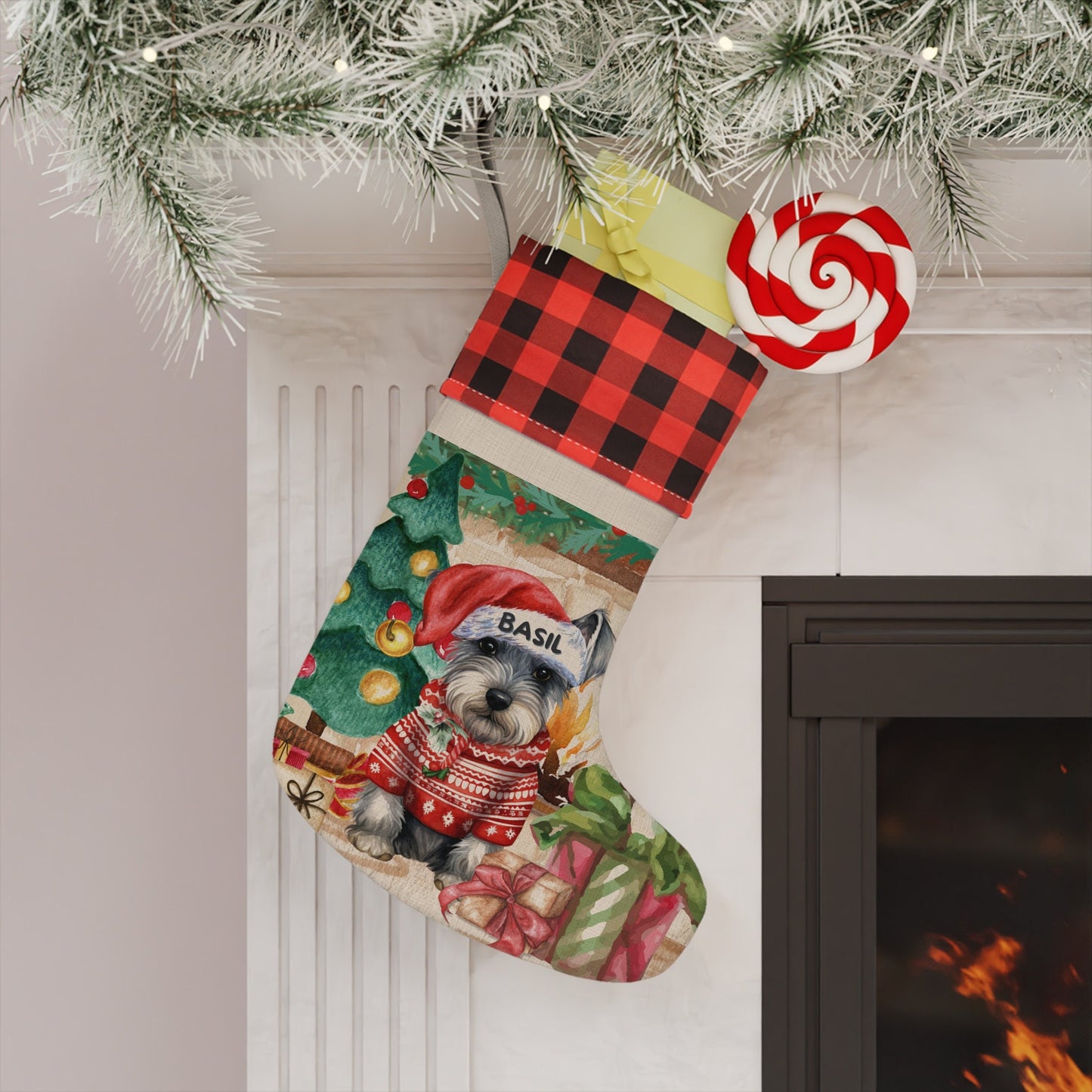 Personalized Miniature Schnauzer Dog Christmas Stocking - Custom Schnauzer Burlap/Linen Stocking, Schnauzer Mom Gift, Dog Christma