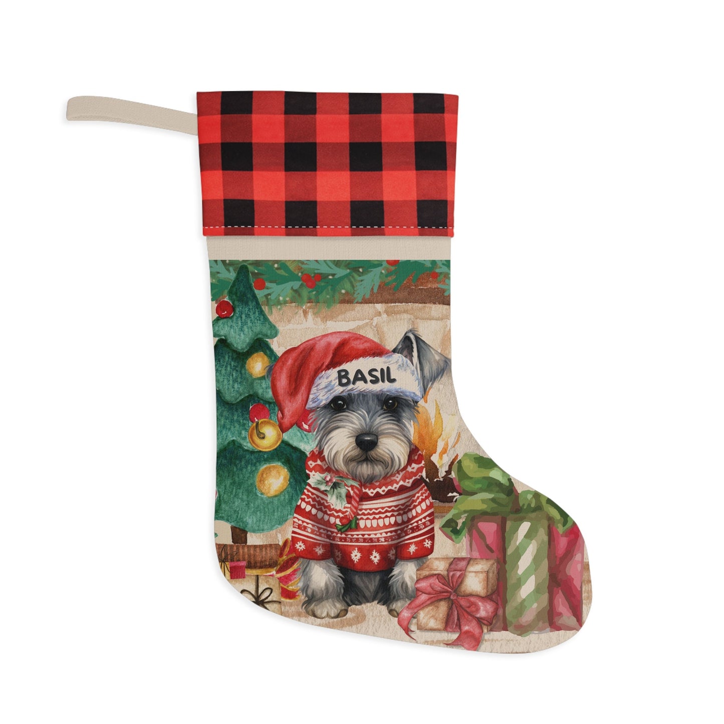 Personalized Miniature Schnauzer Dog Christmas Stocking - Custom Schnauzer Burlap/Linen Stocking, Schnauzer Mom Gift, Dog Christma