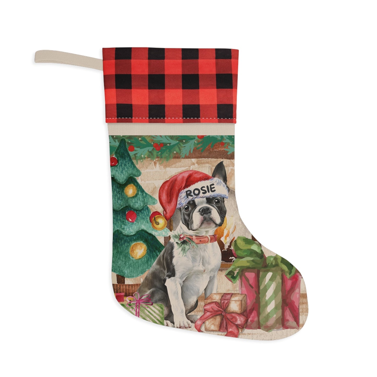 Personalized Boston Terrier Dog Christmas Stocking - Boston Terrier Mom Dad Gift, Boston Terrier Lover Burlap/Linen Stocking Chris