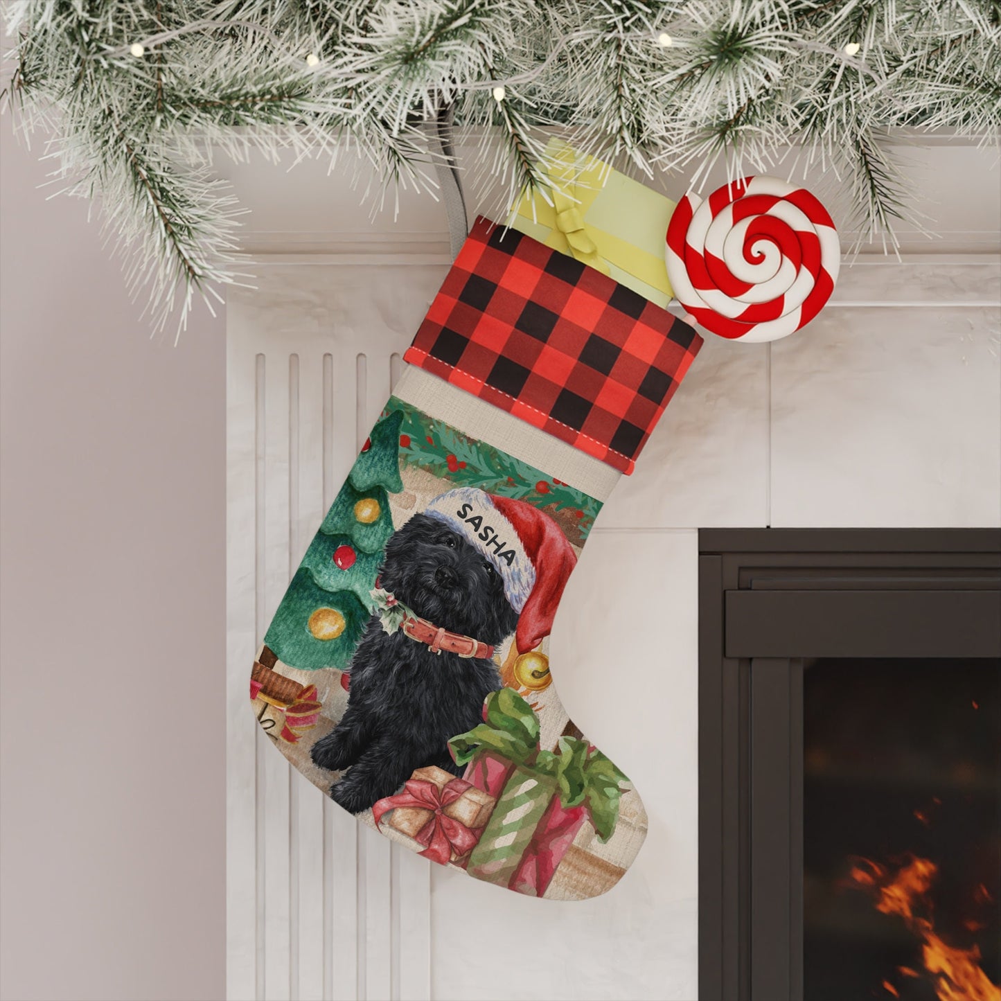 Personalized Black Goldendoodle - Labradoodle, Doodle Dog Christmas Stocking, Doodle Mom or Dad Gift, Burlap/Linen Stocking