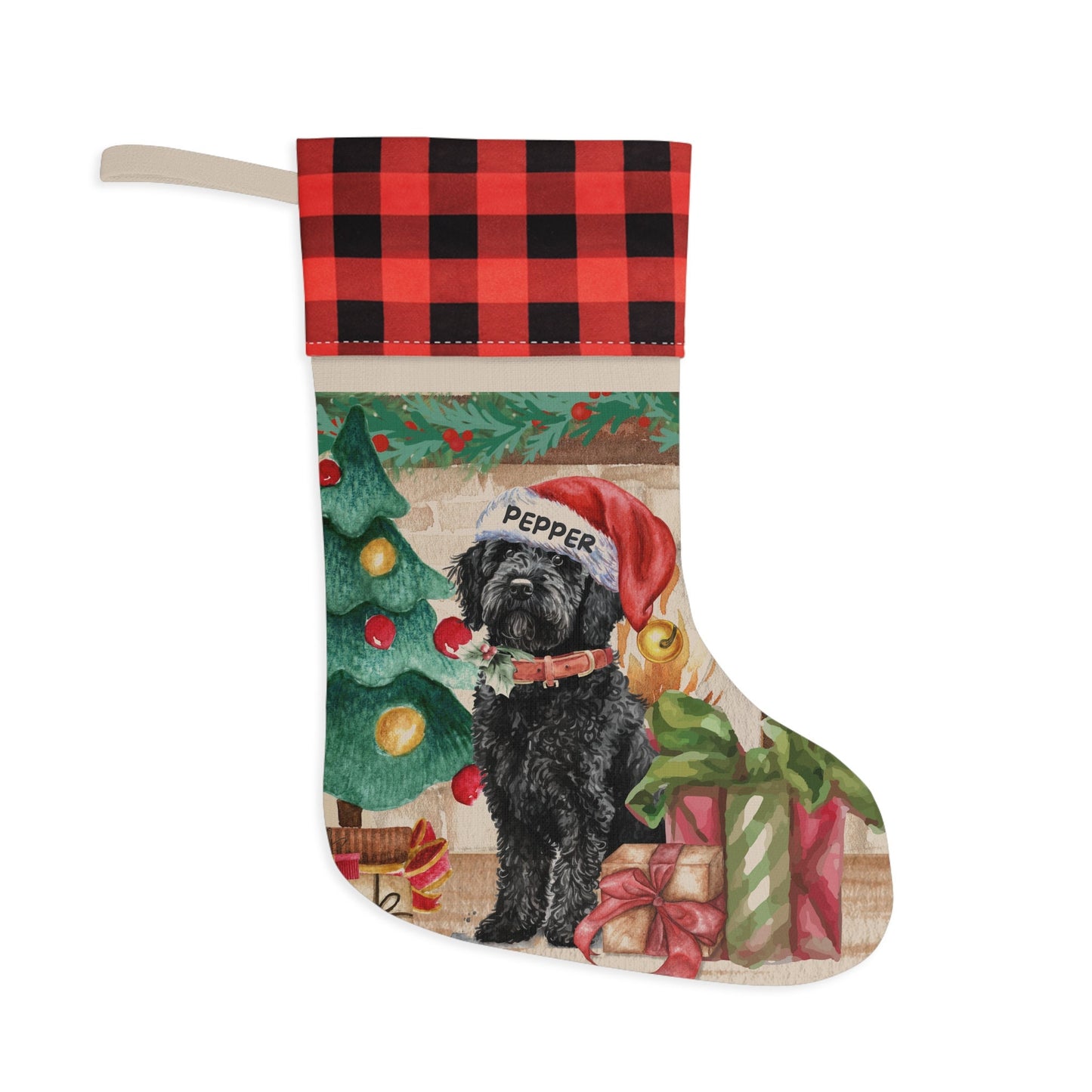 Personalized Black Doodle Dog Christmas Stocking - Goldendoodle, Labradoodle, Doodle Mom or Dad Gift, Burlap/Linen Stocking