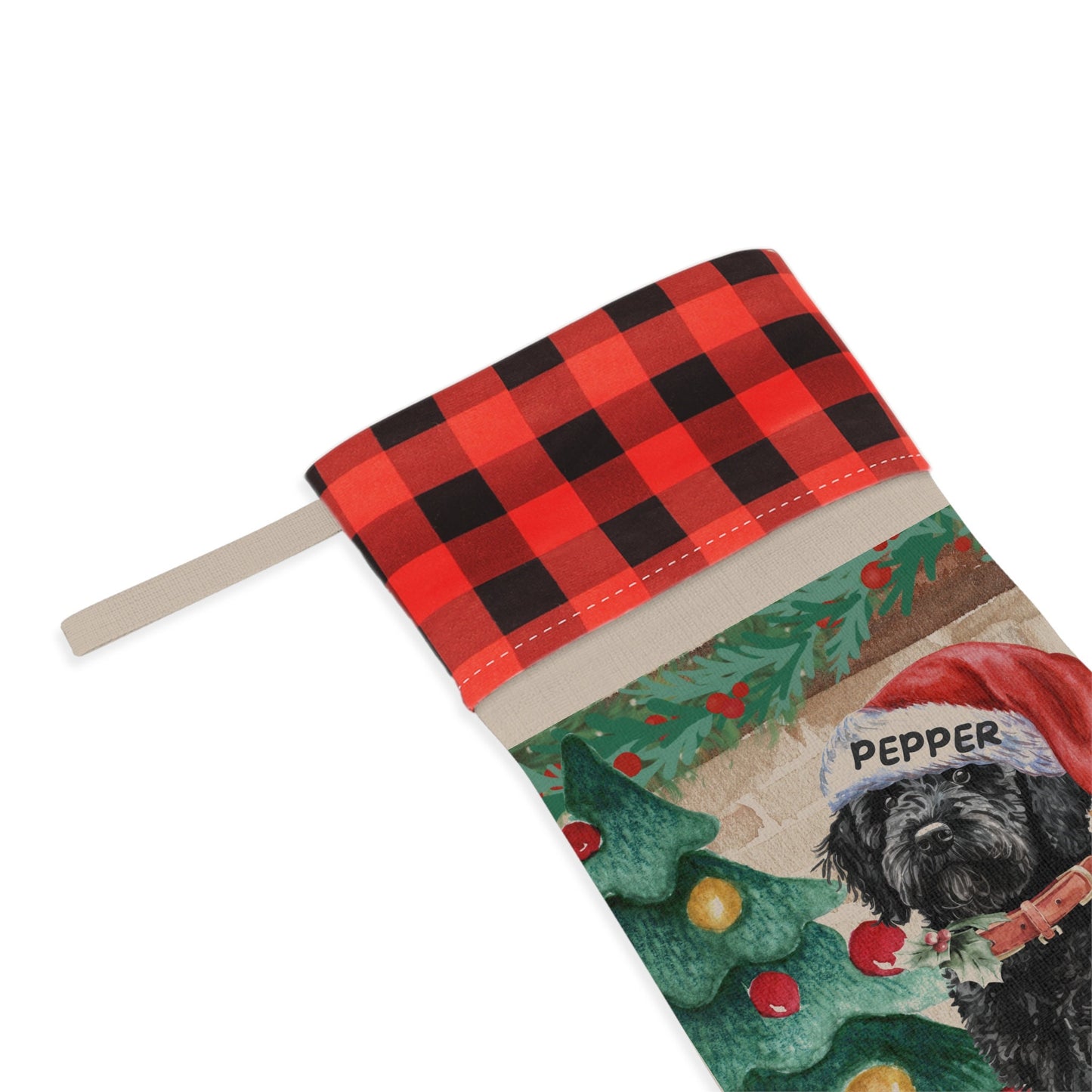 Personalized Black Doodle Dog Christmas Stocking - Goldendoodle, Labradoodle, Doodle Mom or Dad Gift, Burlap/Linen Stocking