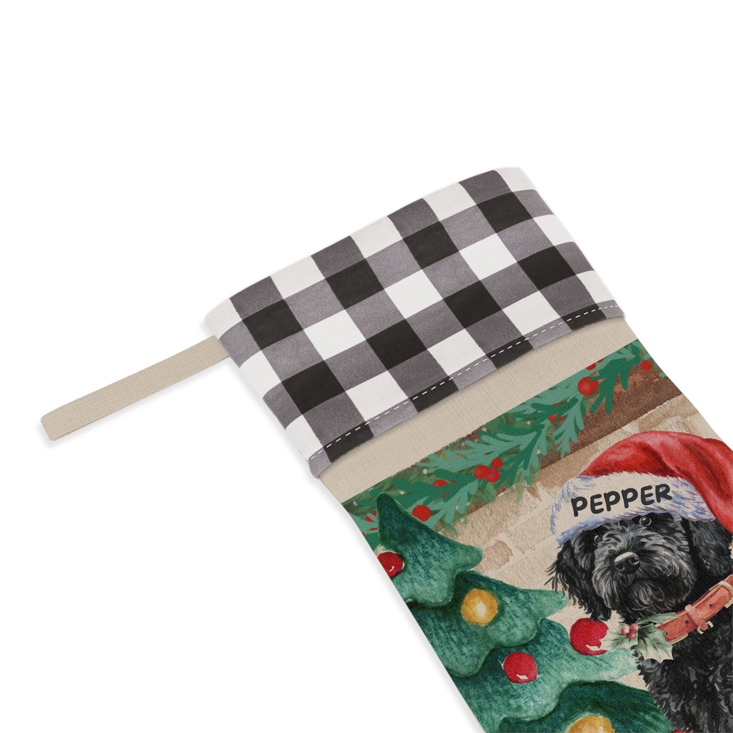 Personalized Black Doodle Dog Christmas Stocking - Goldendoodle, Labradoodle, Doodle Mom or Dad Gift, Burlap/Linen Stocking