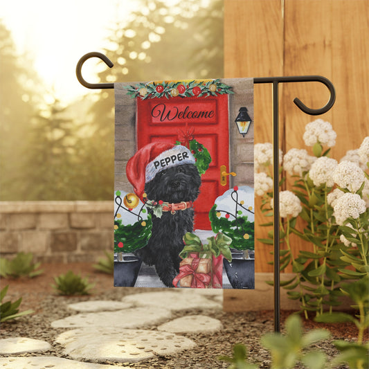 Personalized Black Doodle Dog Christmas Flag - Custom Labradoodle, Goldendoodle, Cockapoo Mom Holiday Gift, Double-sided, Stand No