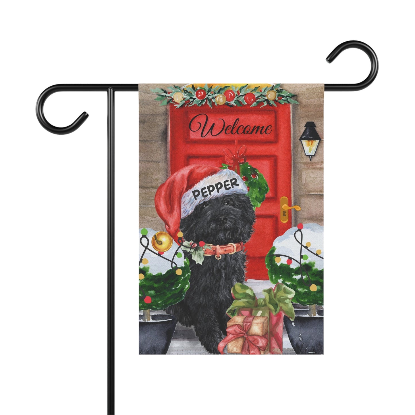 Personalized Black Doodle Dog Christmas Flag - Custom Labradoodle, Goldendoodle, Cockapoo Mom Holiday Gift, Double-sided, Stand No